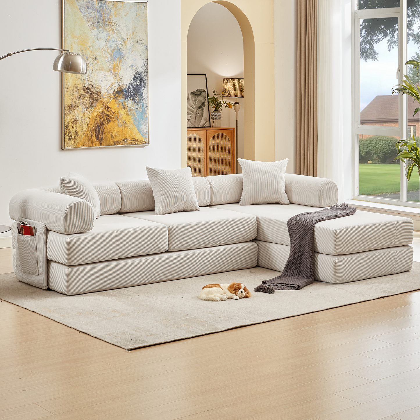 Muumblus L-Shape Convertible Floor Sofa Bed, Comfy Foldable Modular Sleeper Sectional Couch for Living Room, Bedroom