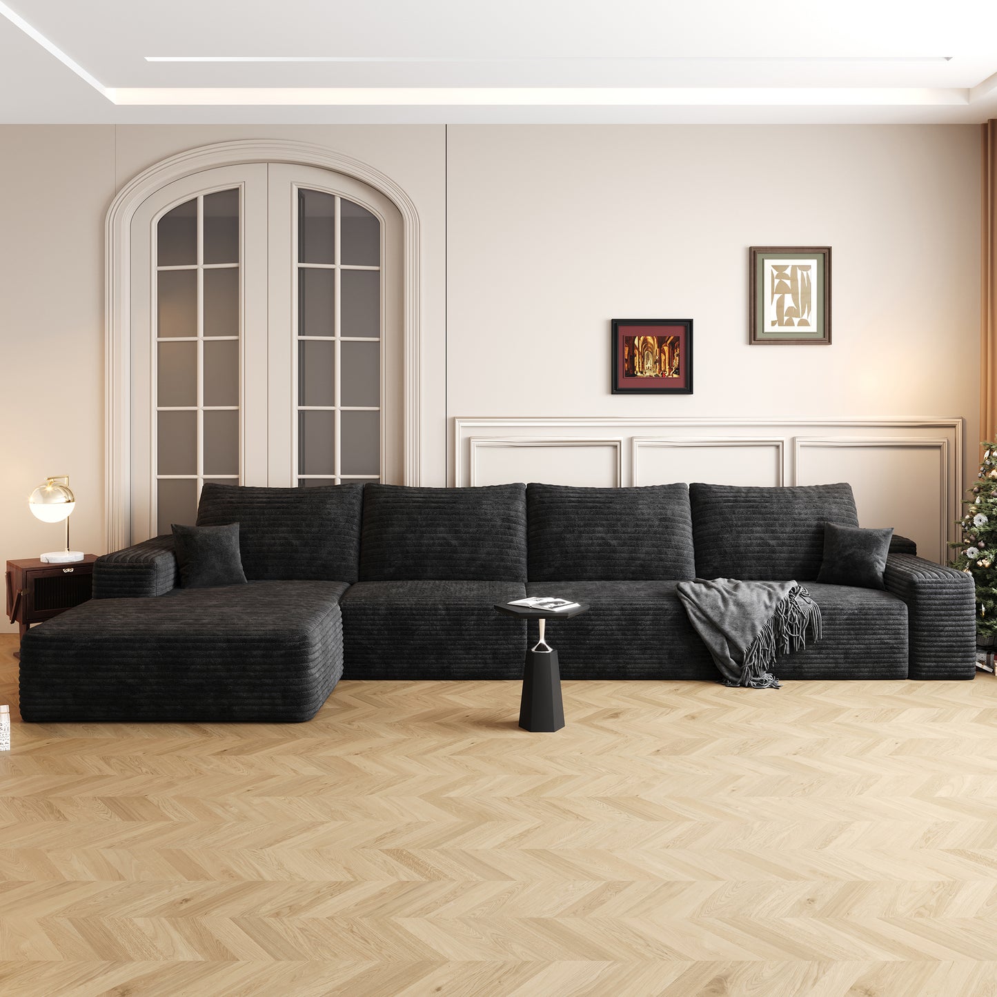 Muumblus 135" Cloud Sectional Sofa with Left Chaise, Cozy L-Shaped Modular Sofa, Plush Corduroy Sleeper Bed Couch, No Assembly Required, Black