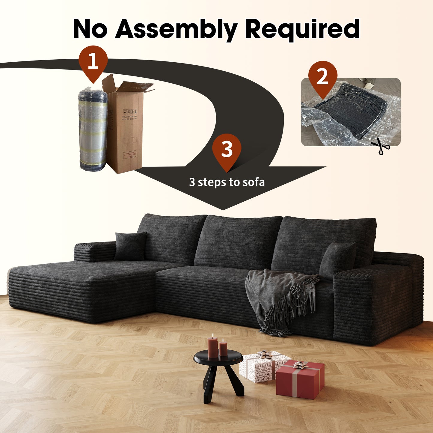 Muumblus 107" Cloud Sectional Sofa with Left Chaise, Cozy L-Shaped Modular Sofa, Plush Corduroy Sleeper Bed Couch, No Assembly Required, Black
