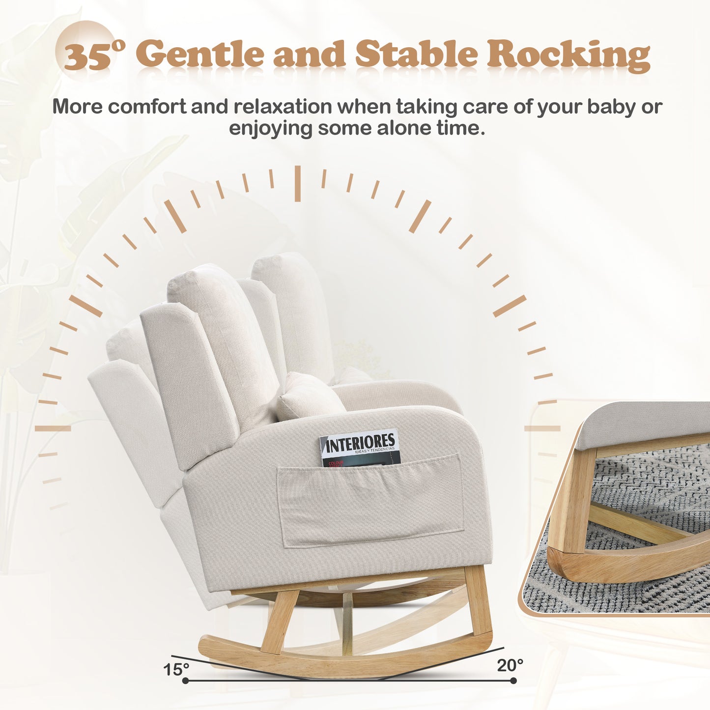 Muumblus Linen Glider Rocking Chair for Baby Nursery, High Back, Indoor, Beige