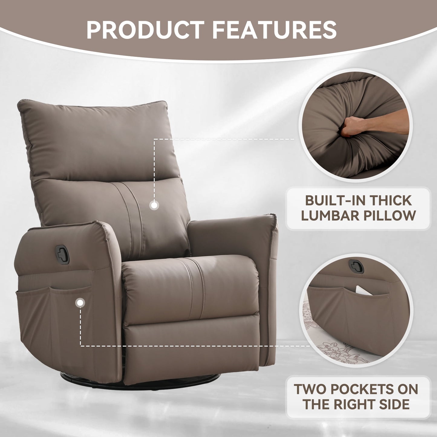 Muumblus Swivel Glider Recliner, Modern Upholstered Glider Rocker with Side Pockets, Tall Back Swivel Rocking Chair, Home Theater Seating for Living Room, Bedroom, Brown Faux Leather