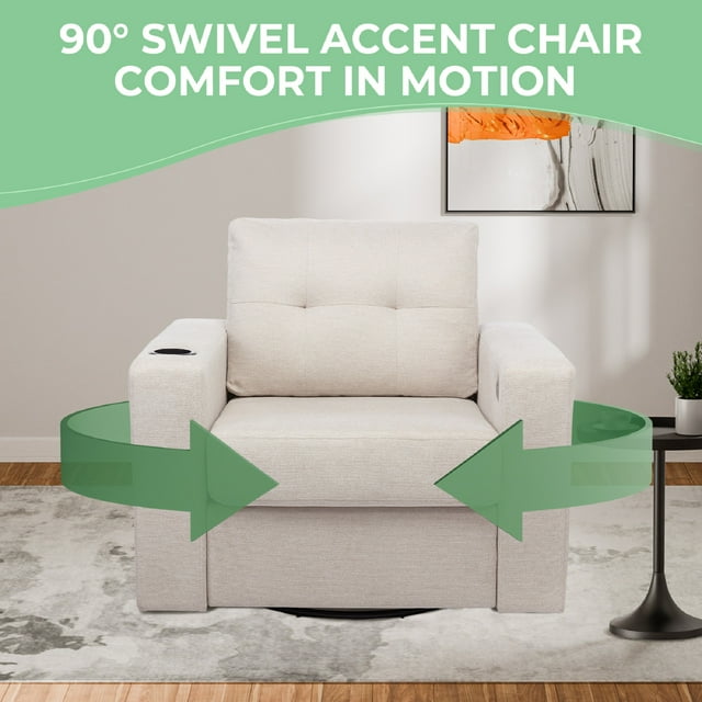 Muumblus Oversized Swivel Accent Chair for Living Room Bedroom, Leisure Single Sofa Armchair with USB Charging Port and Cup Holder, Beige Fabric