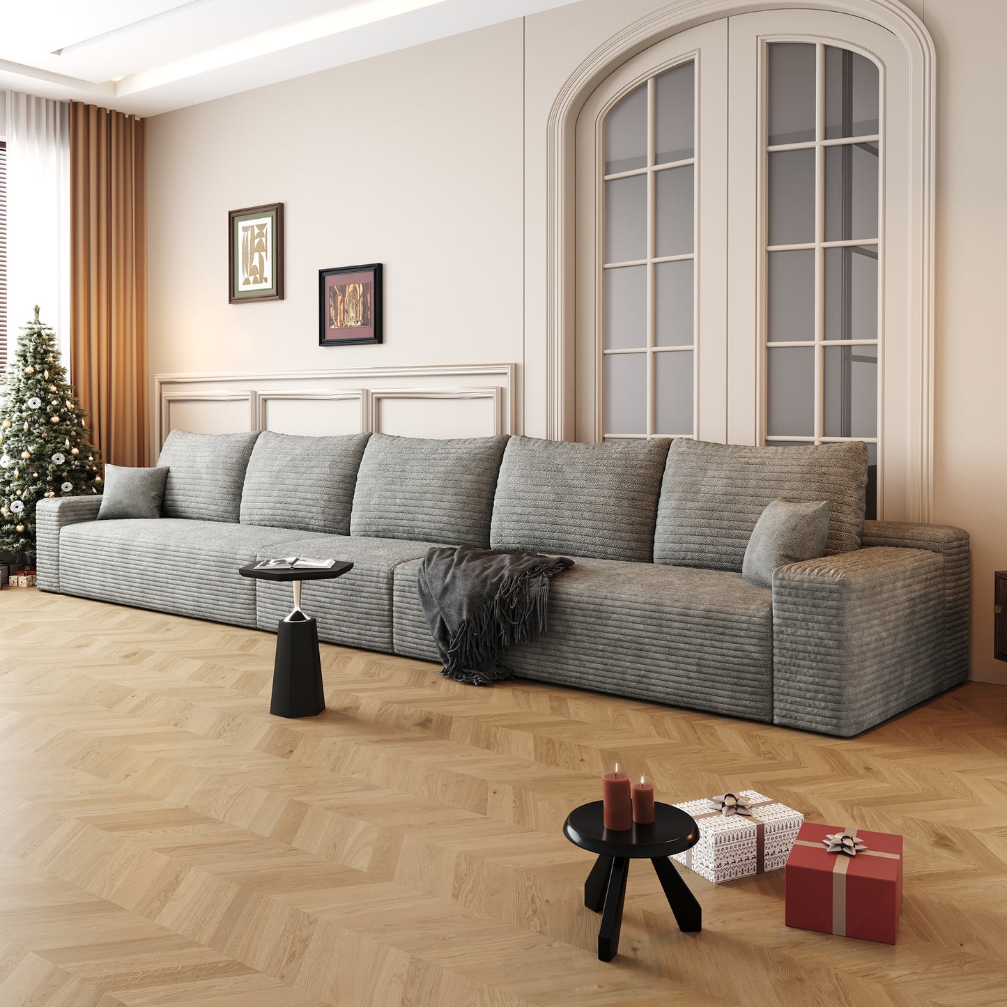 Muumblus 168" Cloud Sectional Sofa, Cozy 5-Seater Modular Sofa, Plush Corduroy Sleeper Bed Couch, No Assembly Required, Black