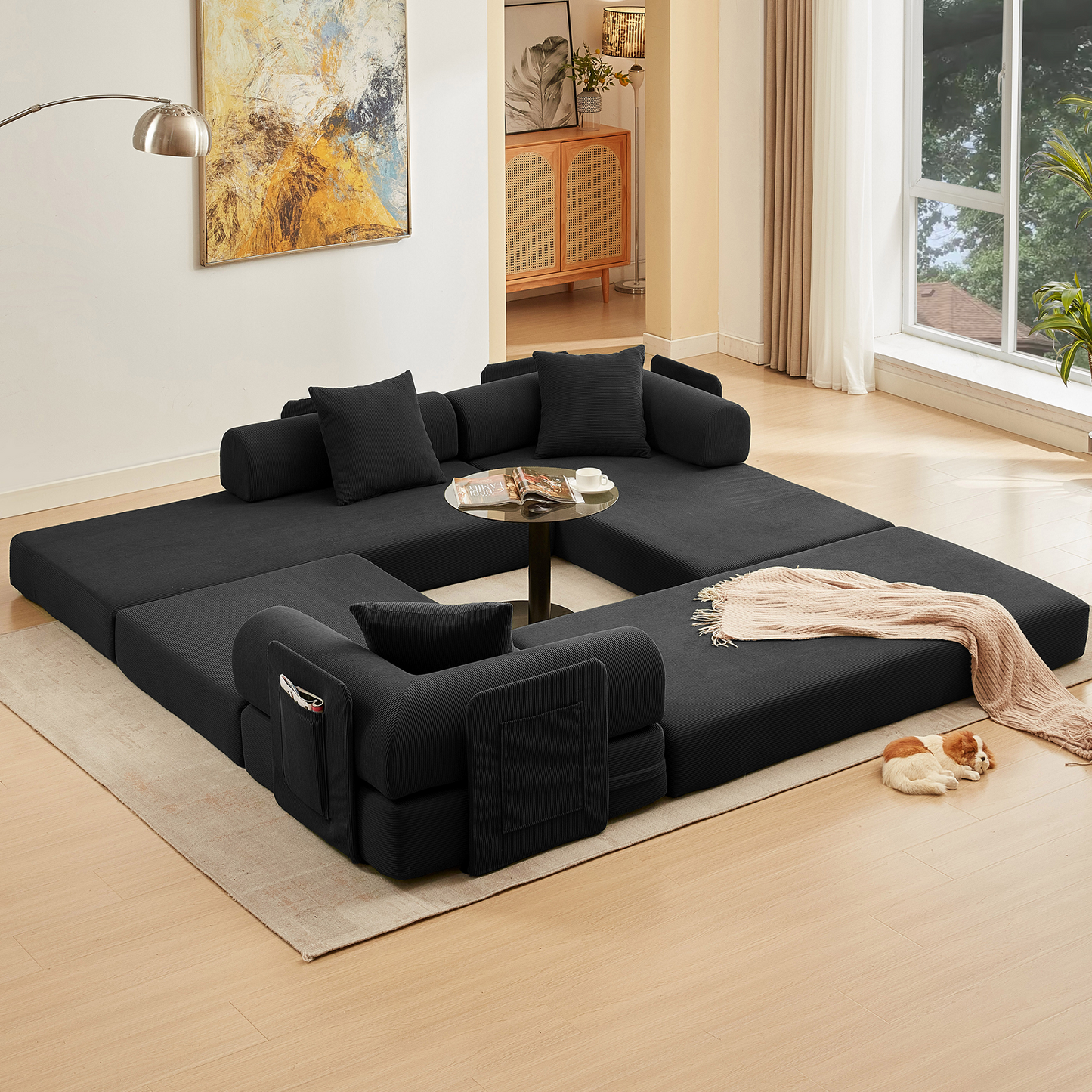Muumblus L-Shape Convertible Floor Sofa Bed, Comfy Foldable Modular Sleeper Sectional Couch for Living Room, Bedroom