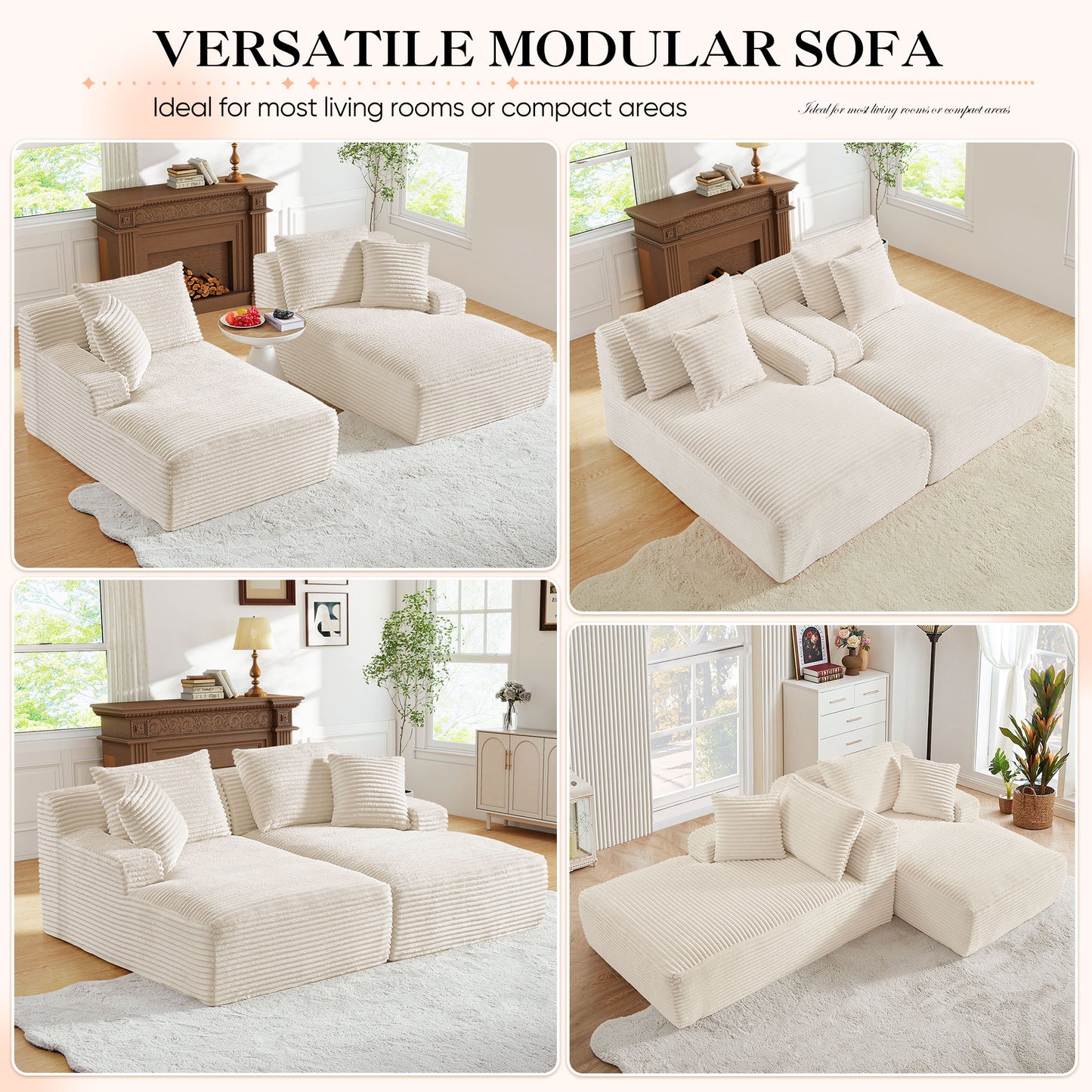 Muumblus Oversized Double Chaise Lounge Chair, Modern Indoor Boneless Cloud Sofa, Plush Corduroy Upholstered Modural Sectional Sleeper Couch for Living Room Apartment