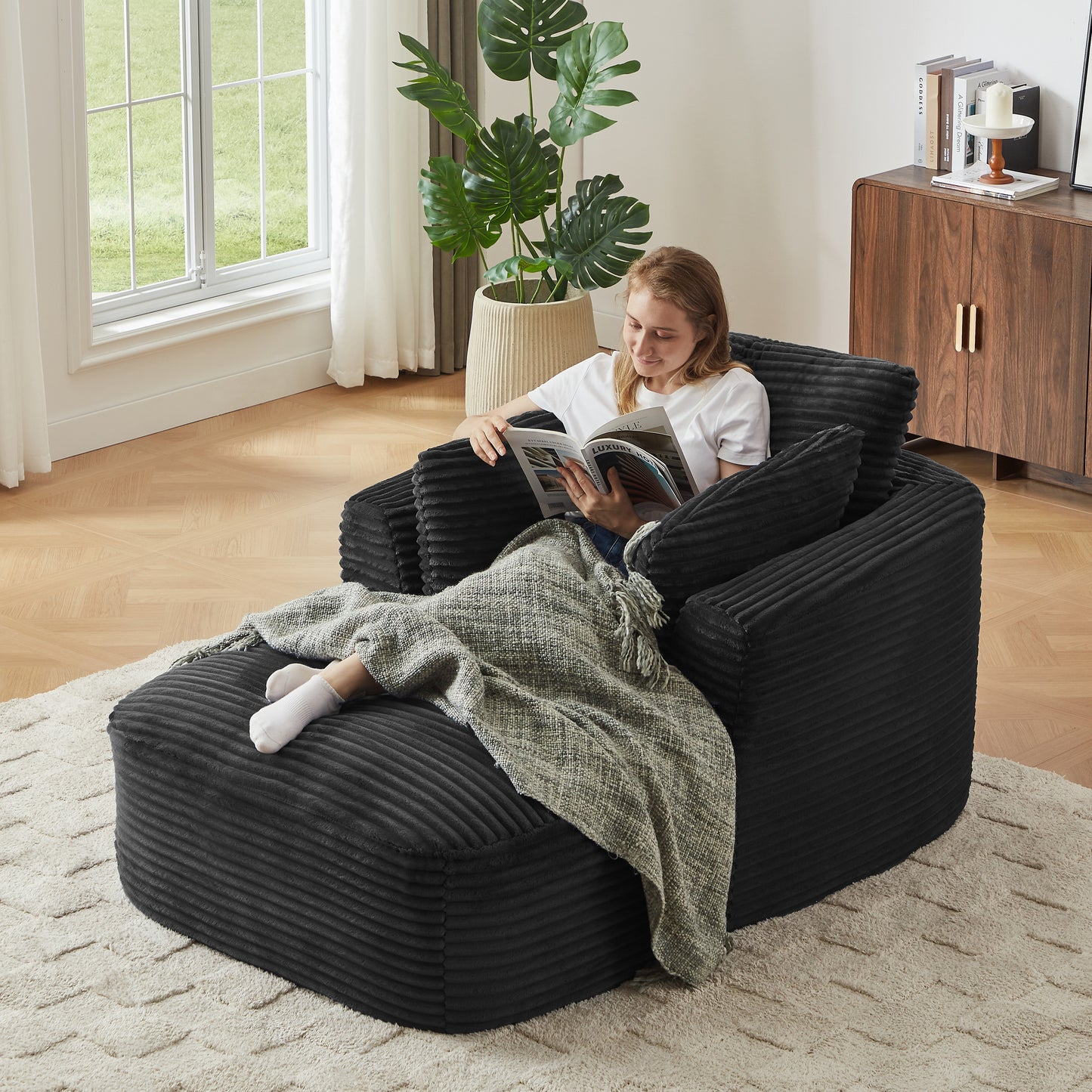 Muumblus Chaise Lounge Indoor, Cozy Lounge Chair Sleeper Sofa for Adults, No Assembly Required, Black Corduroy