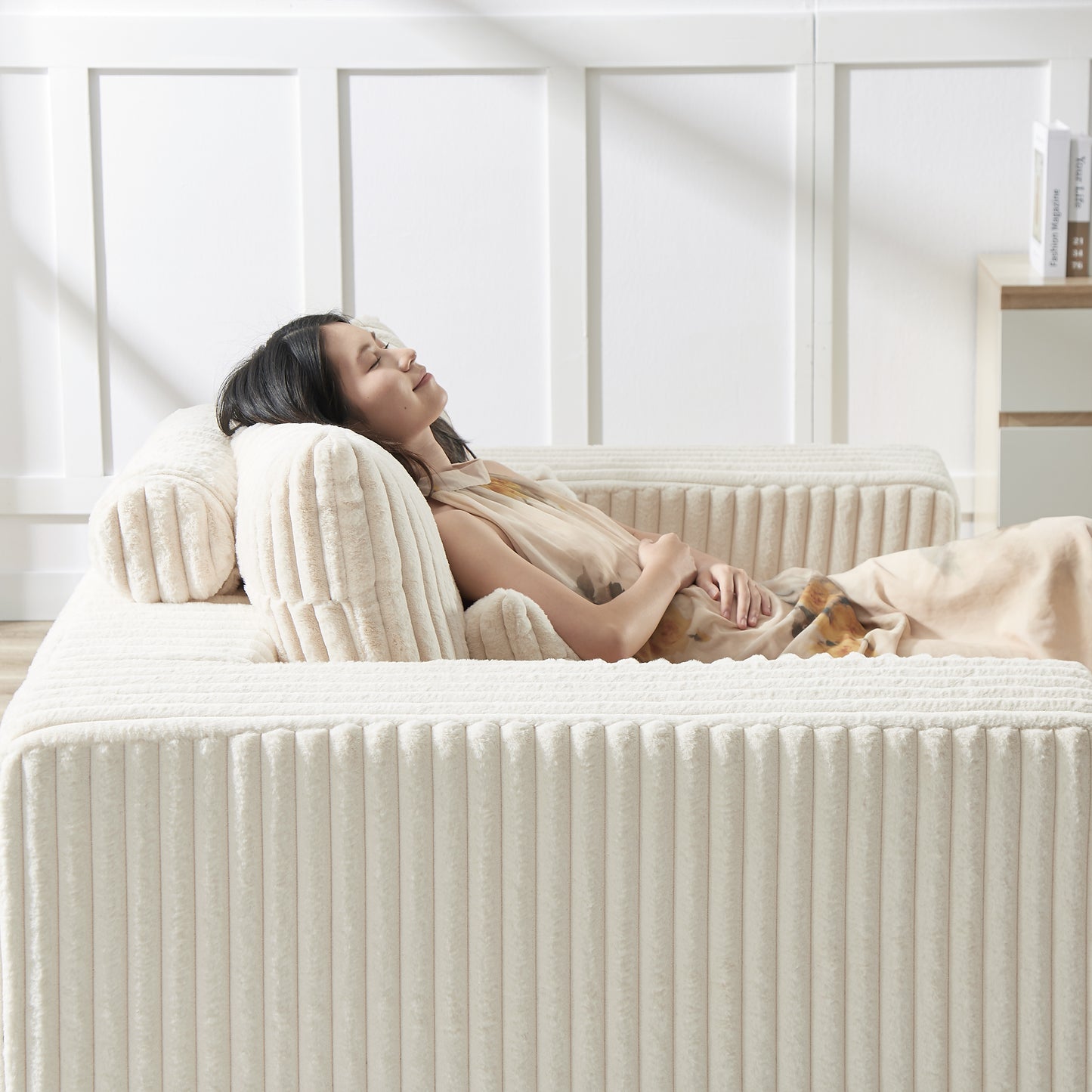 Muumblus Oversized Lounge Chair with Ottoman, No Assembly Required, Corduroy Sleeper Sofa Couch for Living Room, Beige