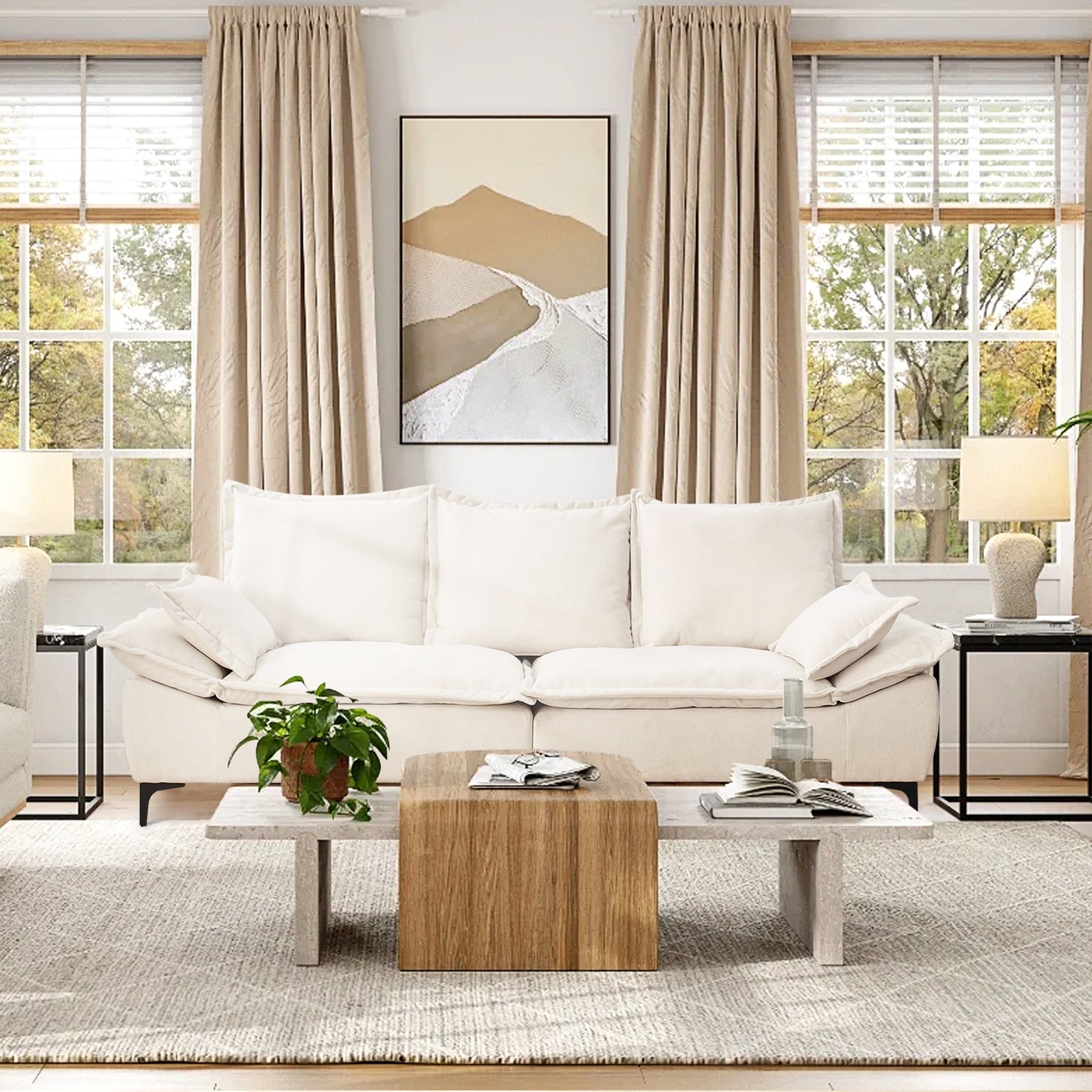Muumblus 88.5" Upholstered Sofa Couch, 3 Seater Loveseat Sofa with 2 Pillows, Modern Velvet Couch for Living Room, Beige