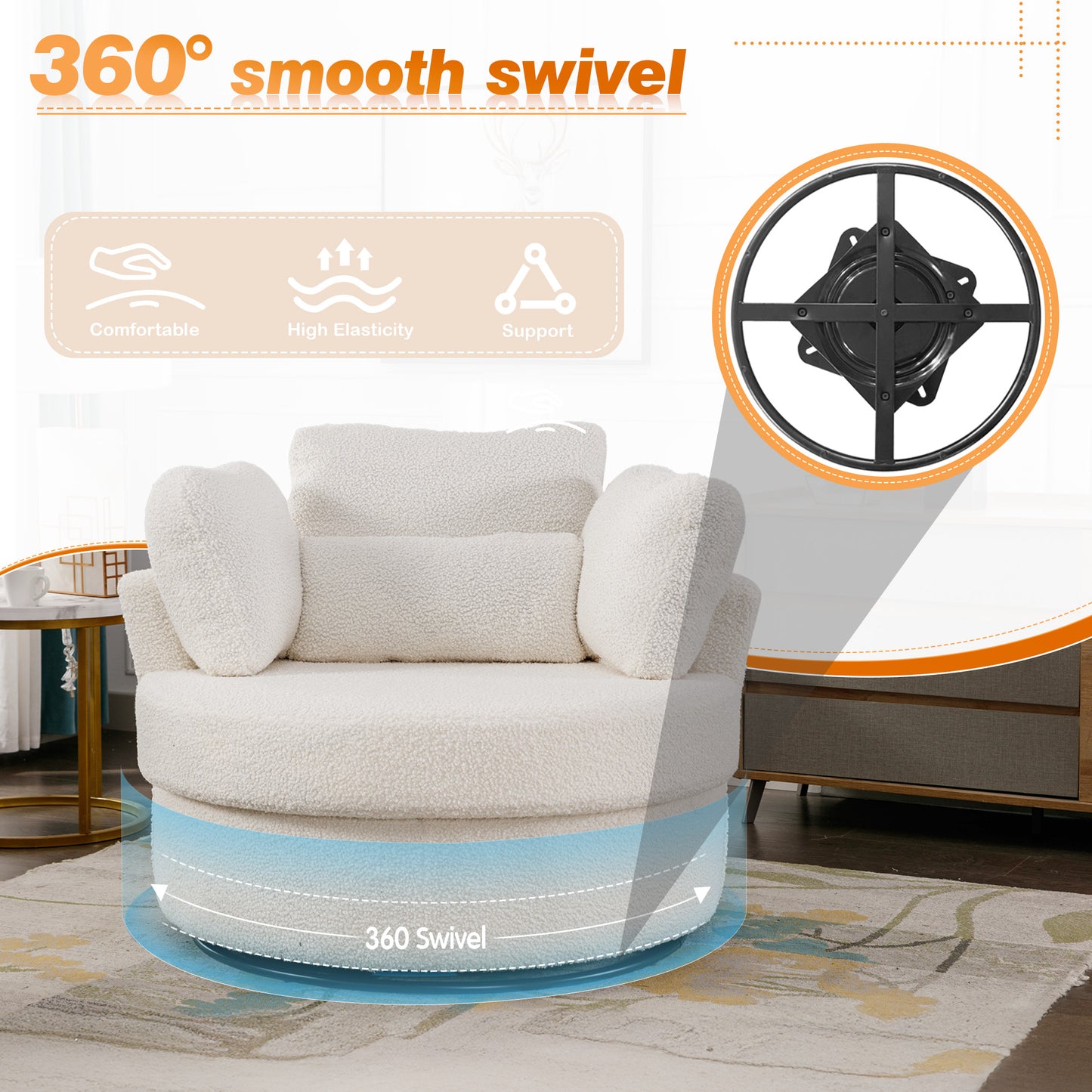 Muumblus Oversized Swivel Accent Barrel Chair with Storage Ottoman, Comfy Round Read Armchair for Living Room, Ivory