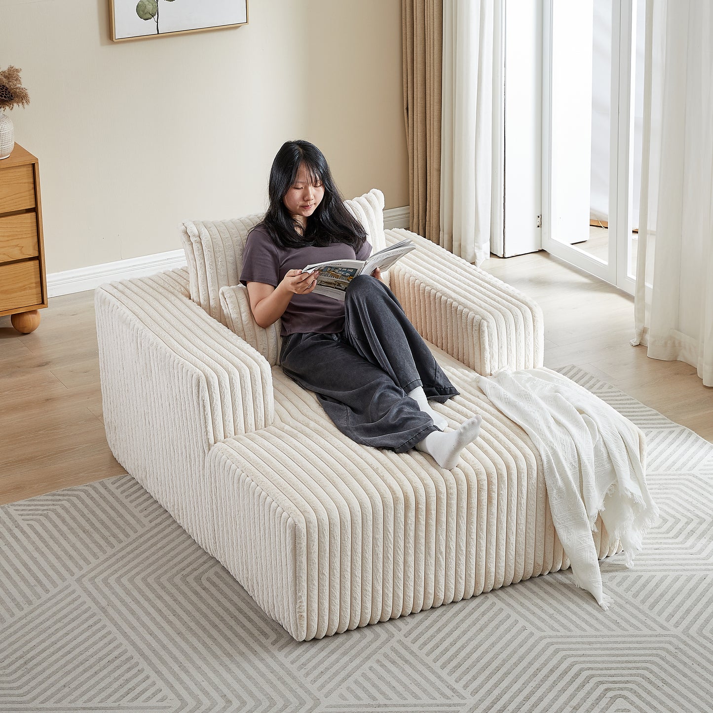 Muumblus Oversized Indoor Chaise Lounge, No Assembly Required, Cozy Corduroy Sleeper Sofa Bed, Beige
