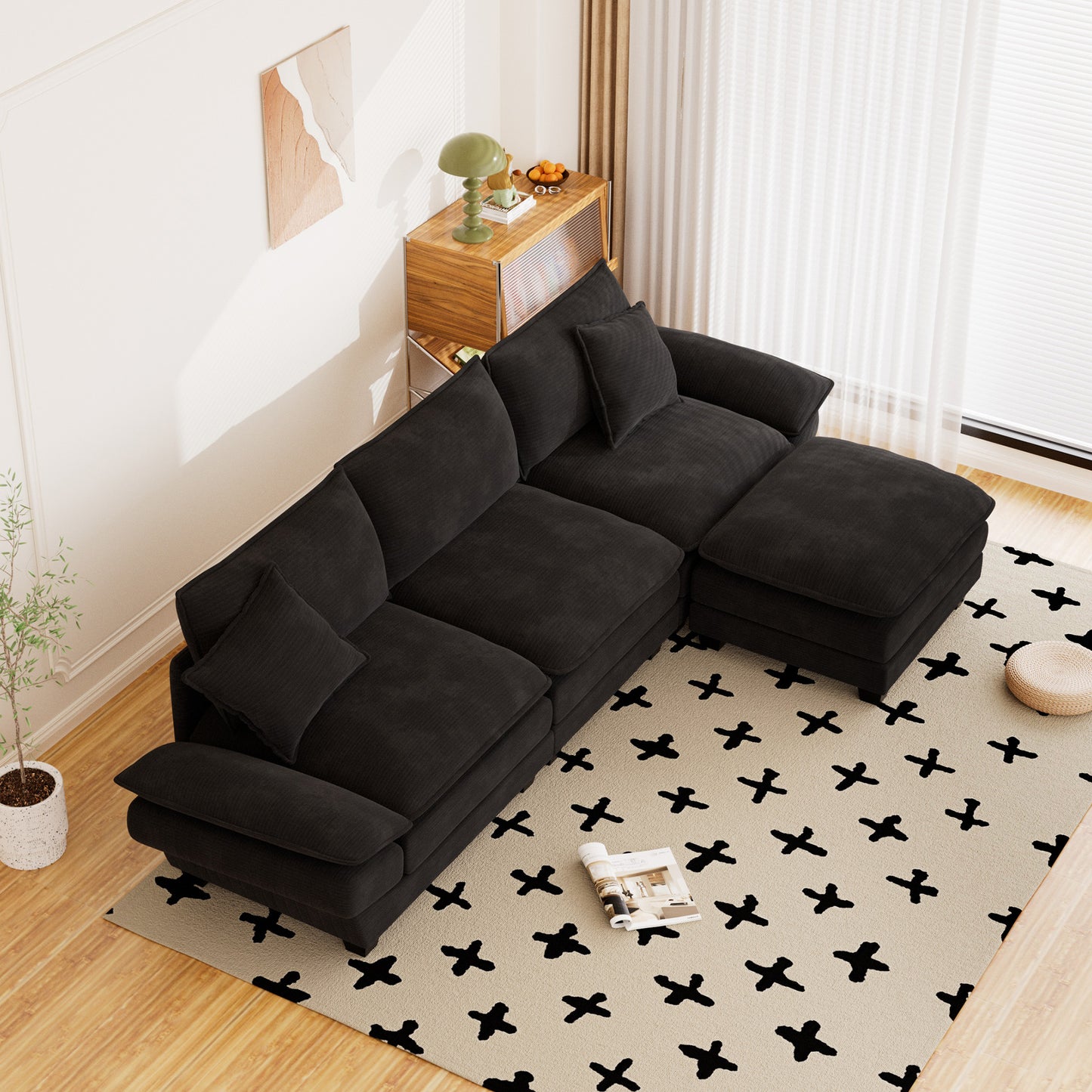Muumblus 108" Modular Sectional Sofa with Ottoman, L-Shaped Couch with Chaise, Corduroy Sleeper Couch for Living Room, Black
