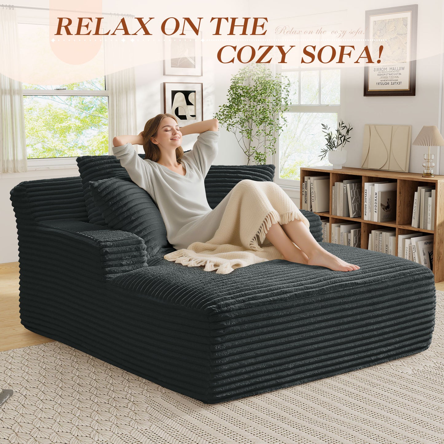 Muumblus Oversized Chaise Lounge Chiar Indoor Furniture, No Assembly Required, Plush Corduroy Upholstered Sofa Bed Cozy Sleeper Couch for Living Room, Bedroom