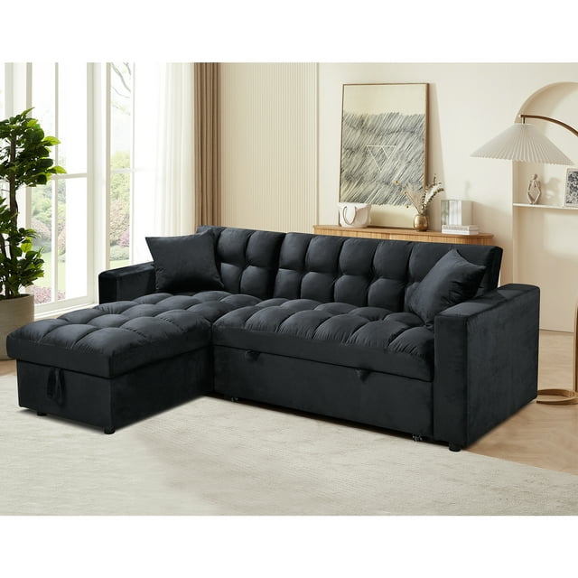 Muumblus 84" Convertible Sofa Bed, Pull Out Sofa Bed, Modern Tufted Sectional Sleeper Sofa with Storage Chaise, L Shaped Sofa Couch for Living Room, Black Velvet