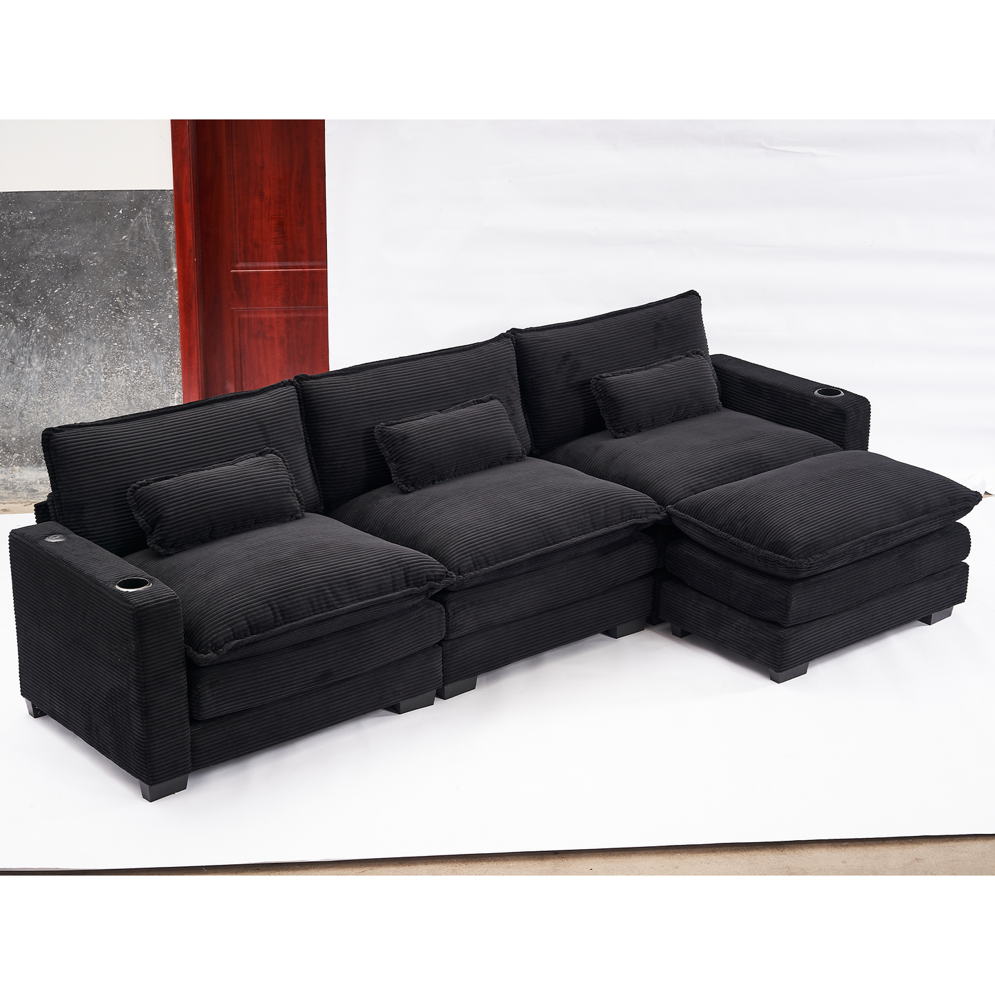 Muumblus 117.7" Corduroy Sectional Sofa with Reversible Ottoman, L-Shaped Couch with Chaise, 3-Seater Sleeper Couch for Living Room, Gray