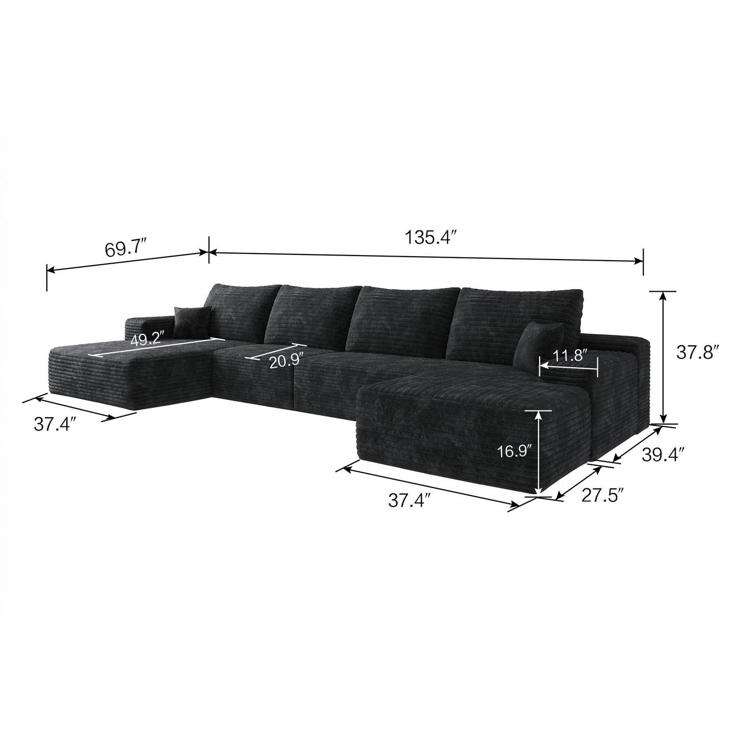 Muumblus 135" Cloud Sectional Sofa with Left Chaise, Cozy U-Shaped Modular Sofa with Ottoman, Plush Corduroy Sleeper Bed Couch, No Assembly Required, Black