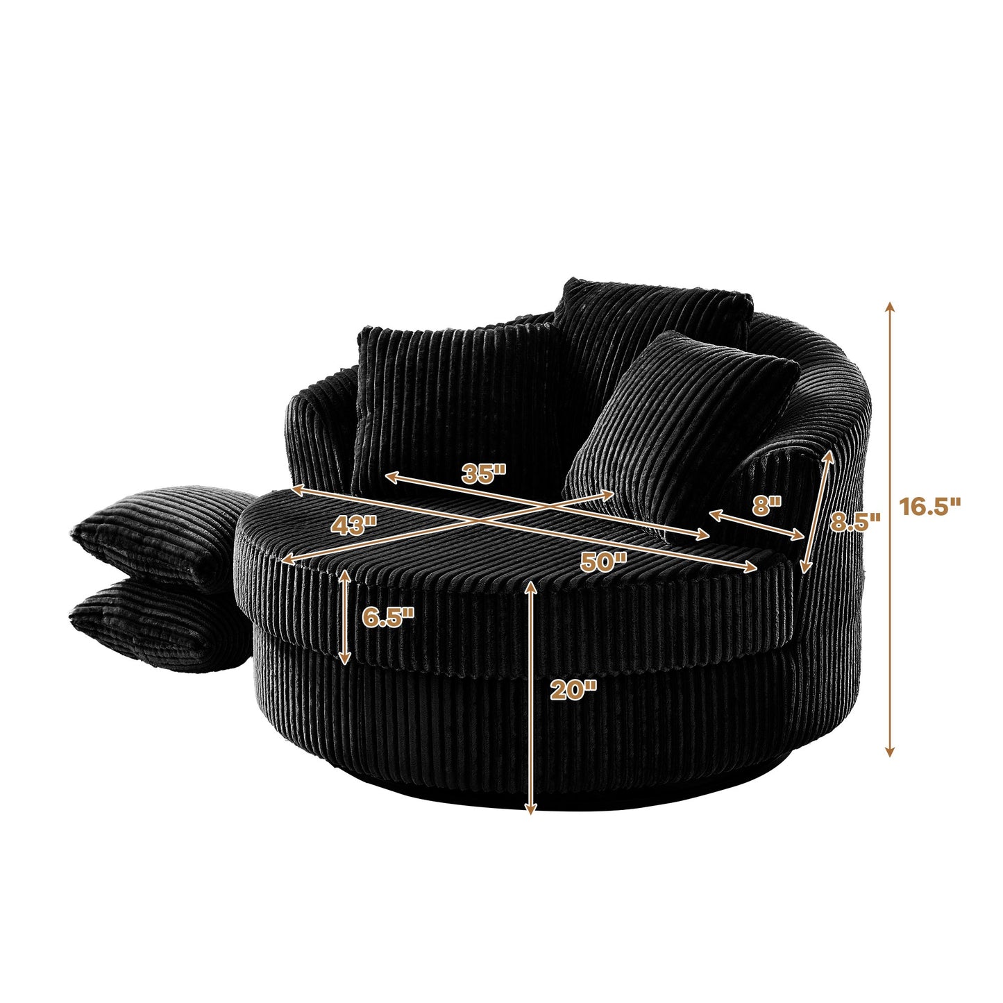 Muumblus 50" Oversized Swivel Accent Barrel Chair, Modern Lounge Chair Indoor, Round Reading Armchair for Living Room, Black Corduroy