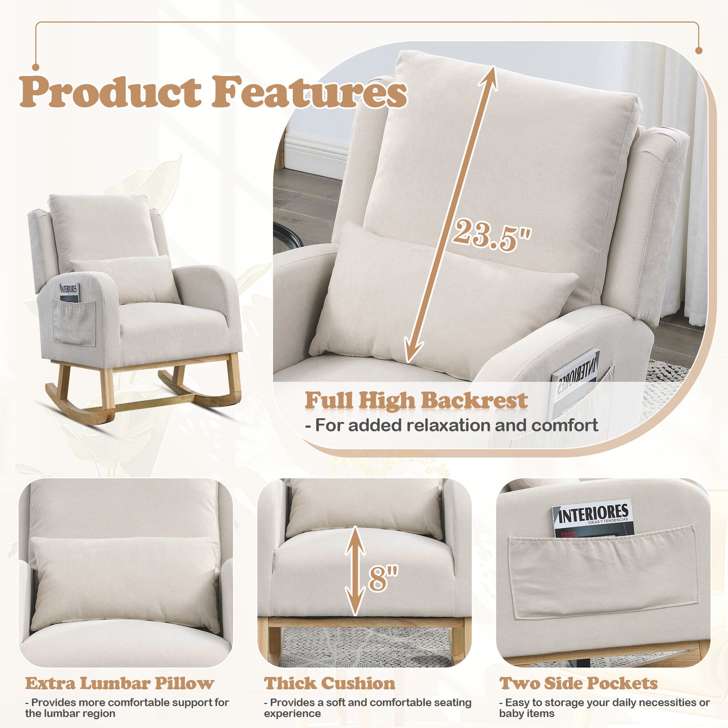 Muumblus Linen Glider Rocking Chair for Baby Nursery, High Back, Indoor, Beige