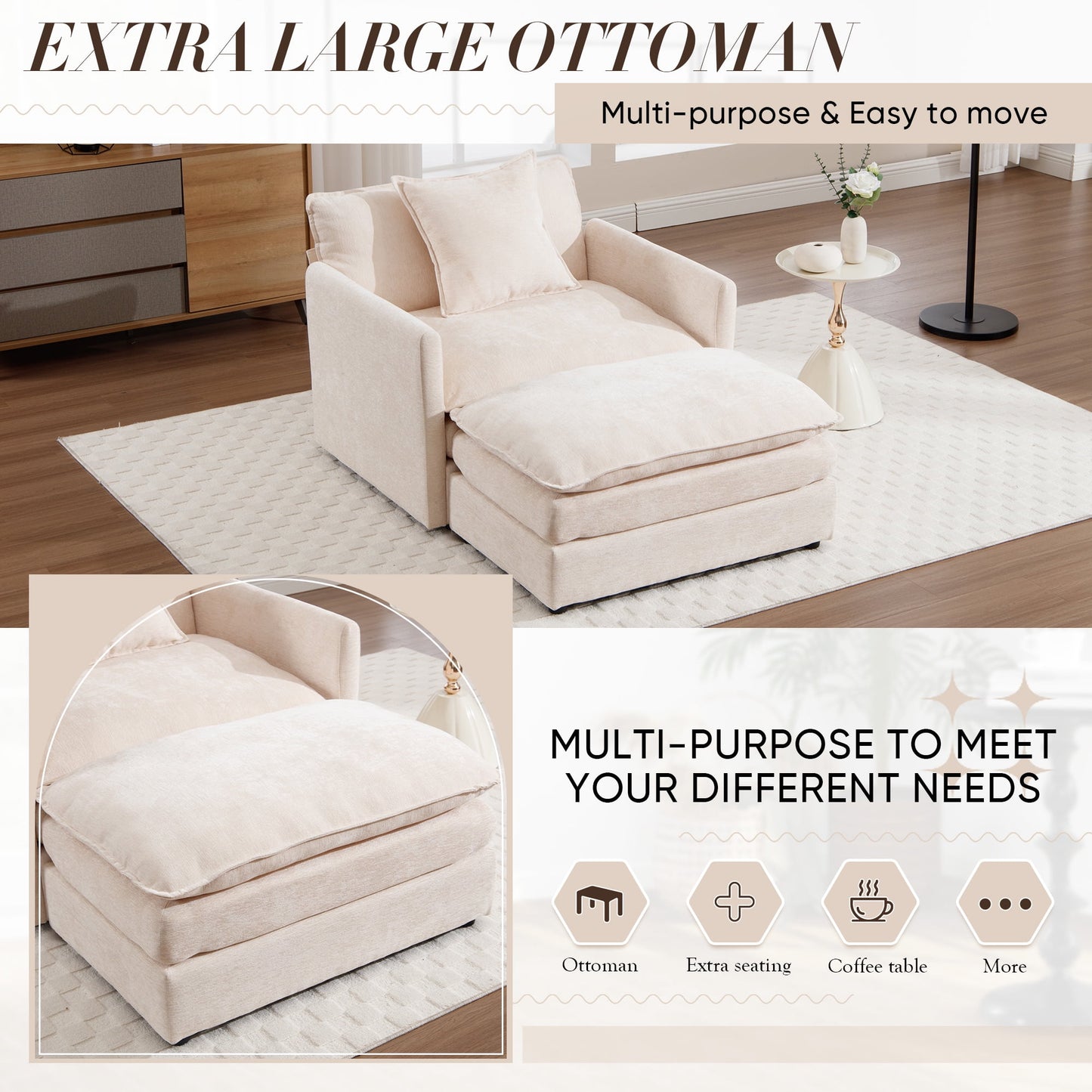 Muumblus Oversized Lounge Chair with Ottoman, Cloud Accent Armchair in Beige Chenille