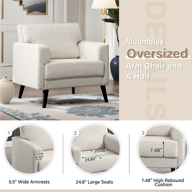 Muumblus 35.8" Oversized Accent Armchairs Set of 2, Modern Large Leisure Chair and A Half for Living Room, Beige Linen