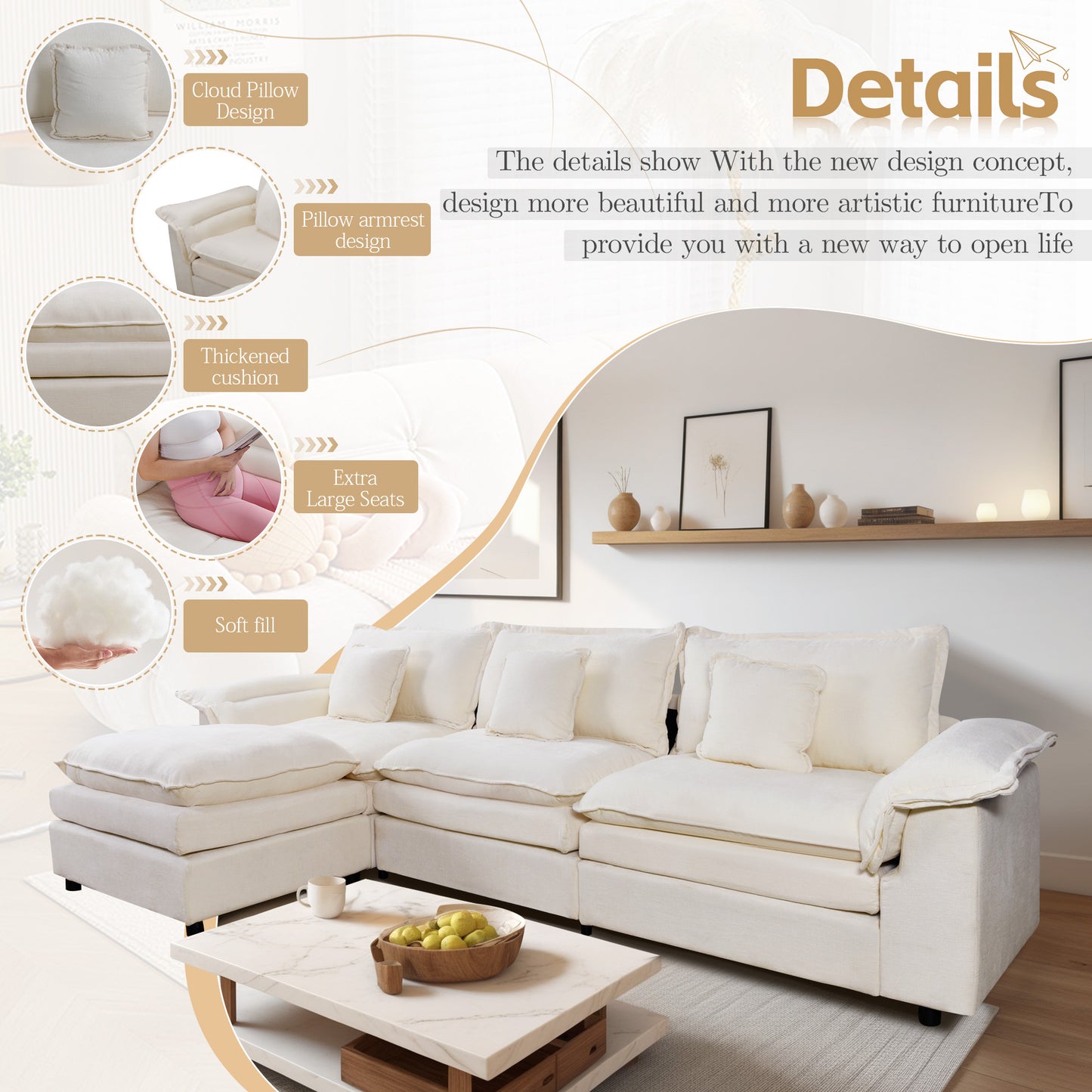 Muumblus Modular Sectional Sofa with Ottoman, Teddy Indoor Sleeper Furniture Set with Oversized Seats