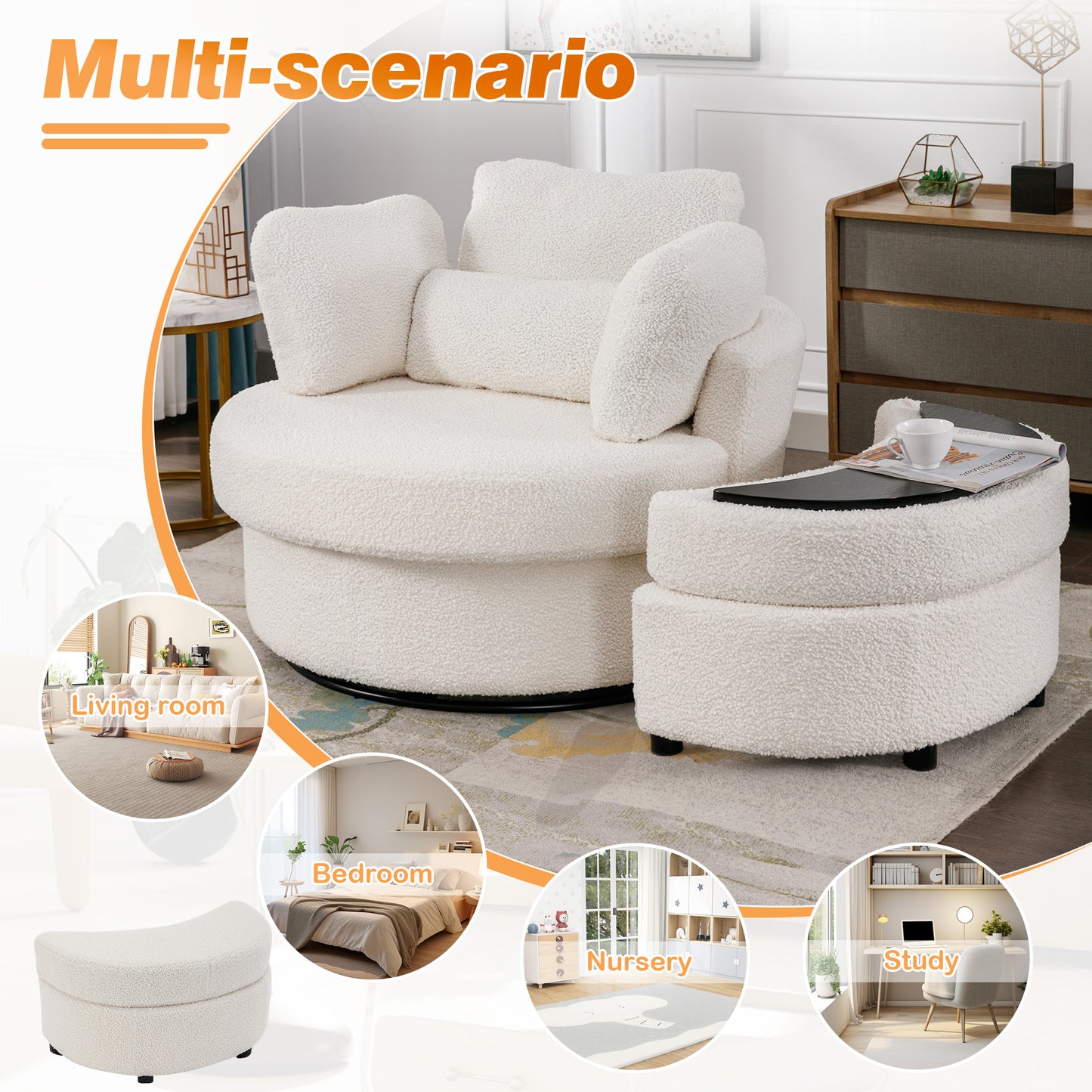 Muumblus Oversized Swivel Accent Barrel Chair with Storage Ottoman, Comfy Round Read Armchair for Living Room, Ivory