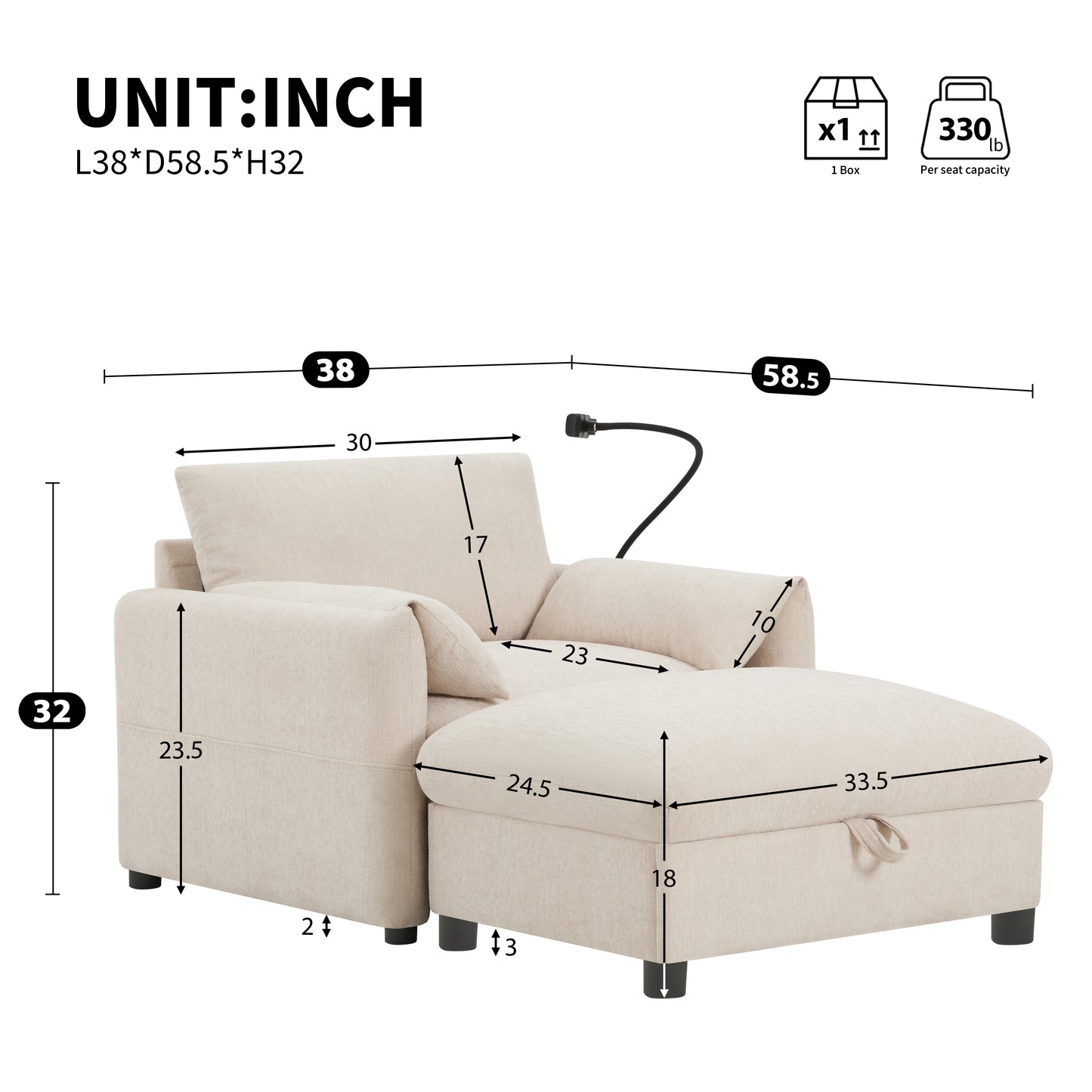 Muumblus Accent Armchair with USB & Phone Stand, Lounge Chair with Storage Ottoman, Indoor Chaise Lounge, Cozy Single Sofa for Living Room, Apt, Beige Chenille