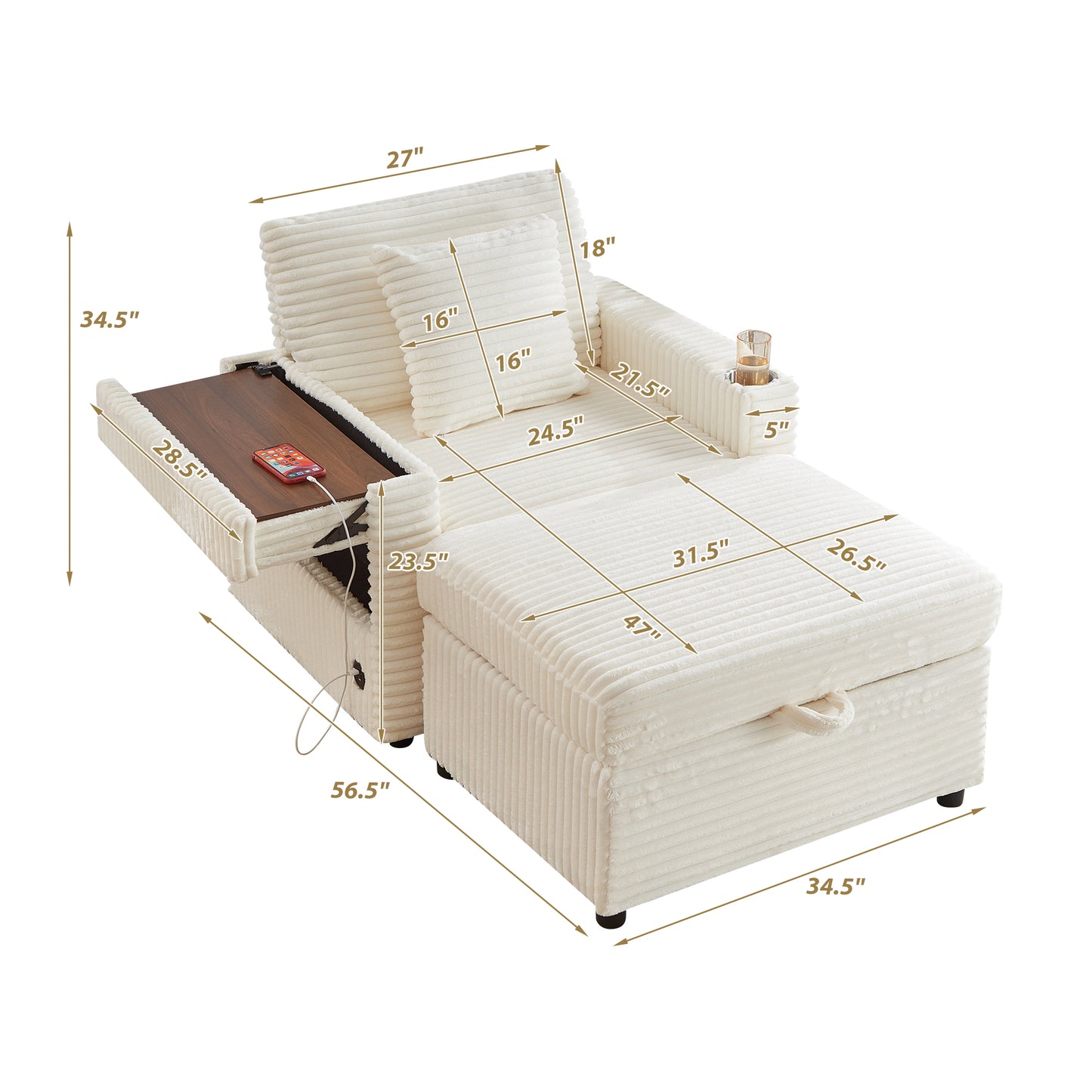 Muumblus Accent Chair with Storage Ottoman & Side Table, Cozy Lounge Chair with USB, Modern Single Sofa Armchair for Living Room, White Corduroy