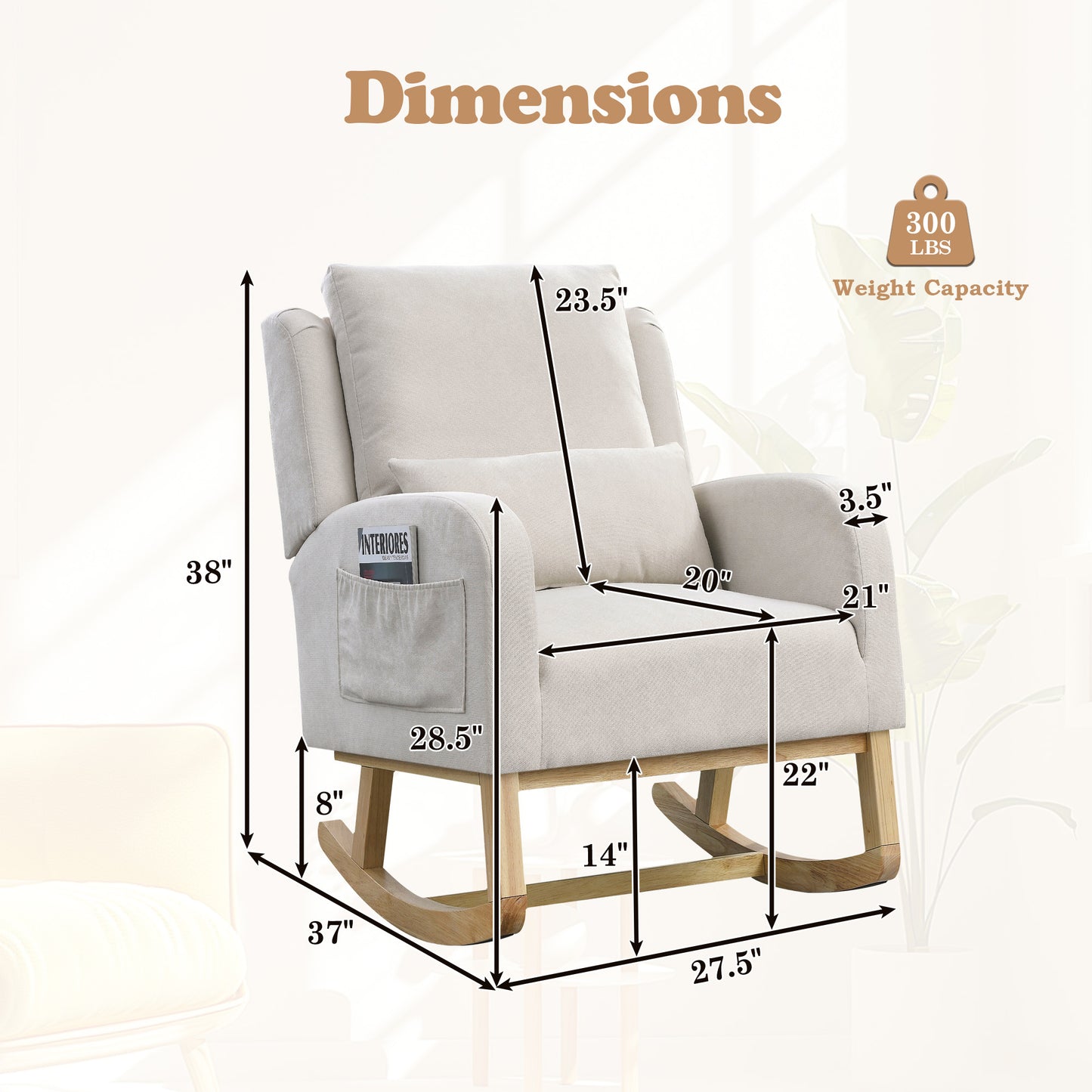 Muumblus Linen Glider Rocking Chair for Baby Nursery, High Back, Indoor, Beige