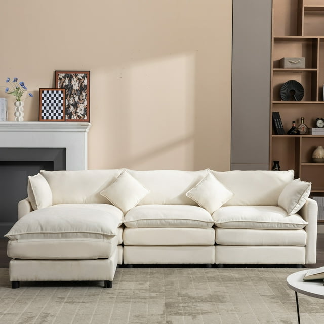 Muumblus L-Shaped Sectional Sofa with Reversible Ottoman, Chenille Modular Cloud Sofa for Living Room, Biege