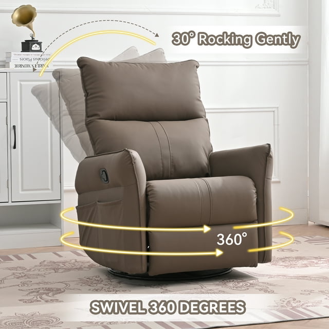 Muumblus Swivel Glider Recliner, Modern Upholstered Glider Rocker with Side Pockets, Tall Back Swivel Rocking Chair, Home Theater Seating for Living Room, Bedroom, Brown Faux Leather