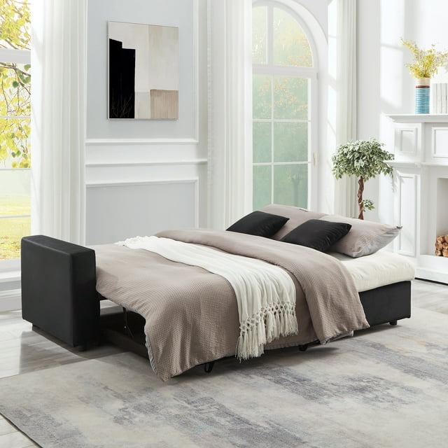 Muumblus 84" Convertible Sofa Bed, Pull Out Sofa Bed, Modern Tufted Sectional Sleeper Sofa with Storage Chaise, L Shaped Sofa Couch for Living Room, Black Velvet