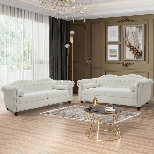 Muumblus 3 Seater Sofa, Chesterfield Sofa with Nailhead Accent Scrolled Arms, 81" Tufted Upholstered Sofa Couch for Living Room, White, Sherpa