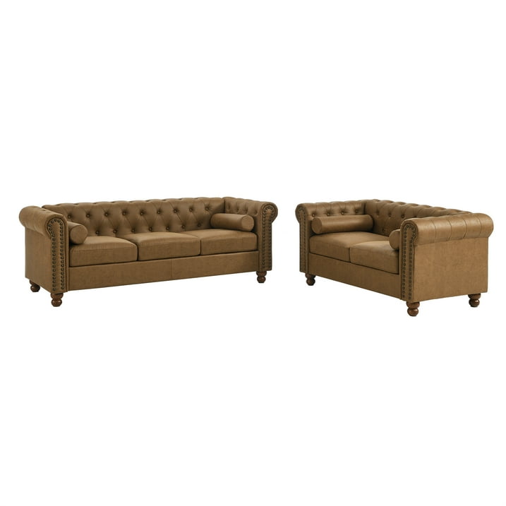 Muumblus 2 Pieces Living Room Furniture Sofa Set, Sofa and Loveseat Set, Brown Faux Leather