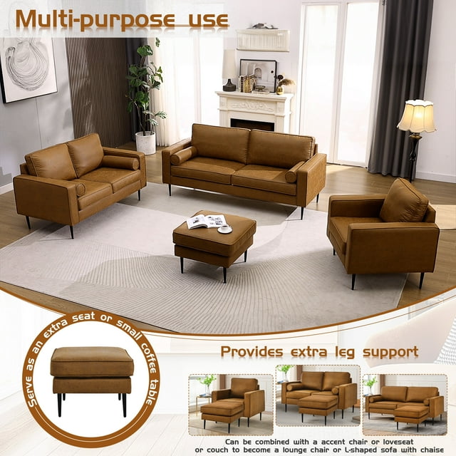Muumblus Accent Chair with Ottoman, Upholstered Lounge Chiar in Brown Faux Leather