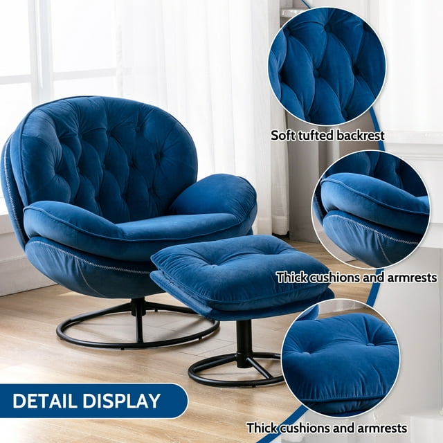 Muumblus Swivel Accent Chair with Ottoman, Modern Velvet Lounge Chair with Footrest, Comfy Armchair with 360 Degree Swiveling for Living Room, Blue