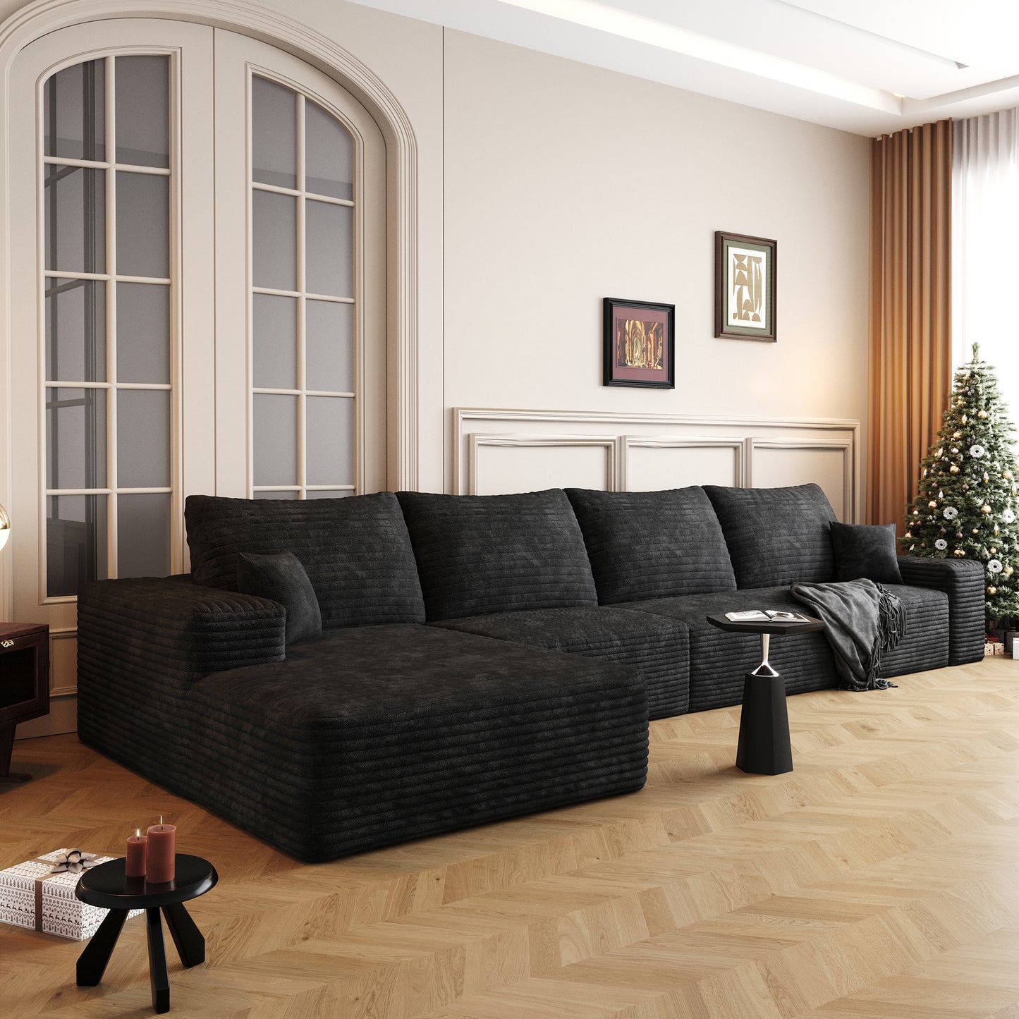 Muumblus 135" Cloud Sectional Sofa with Left Chaise, Cozy L-Shaped Modular Sofa, Plush Corduroy Sleeper Bed Couch, No Assembly Required, Black