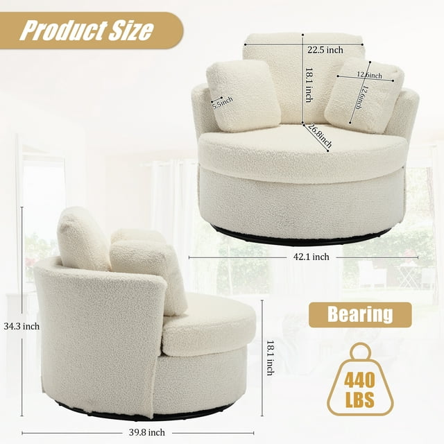 Muumblus Teddy Swivel Accent Chair Barrel Chair, Oversized Comfy Armchair with Pillows, Modern Leisure Sofa Chair for Living Room Bedroom, Ivory