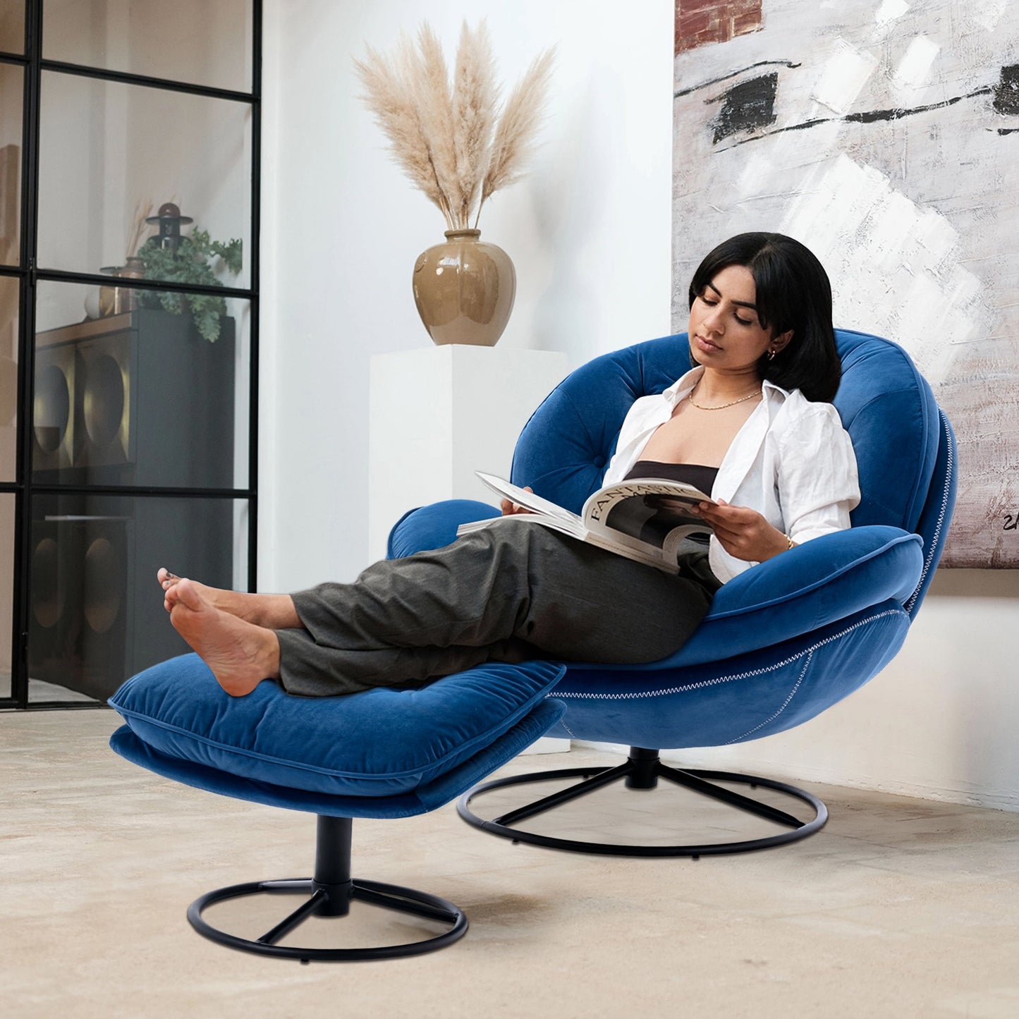 Muumblus Swivel Accent Chair with Ottoman, Modern Velvet Lounge Chair with Footrest, Comfy Armchair with 360 Degree Swiveling for Living Room, Blue