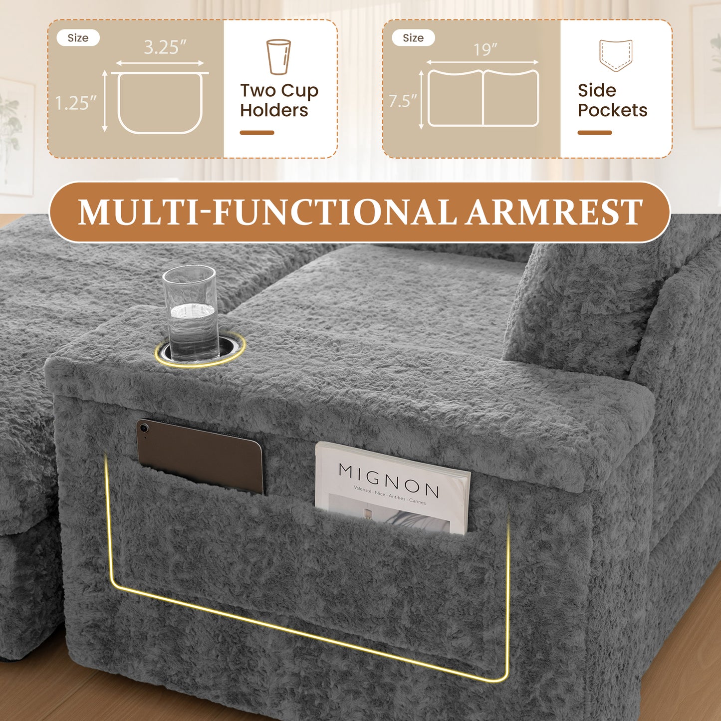 Muumblus 42" Chaise Lounge Indoor, Accent Armchair with Storage Ottoman & Armrests, Oversized Lounge Chair Sleeper Chair for Living Room, Gray Faux Rabbit Fur