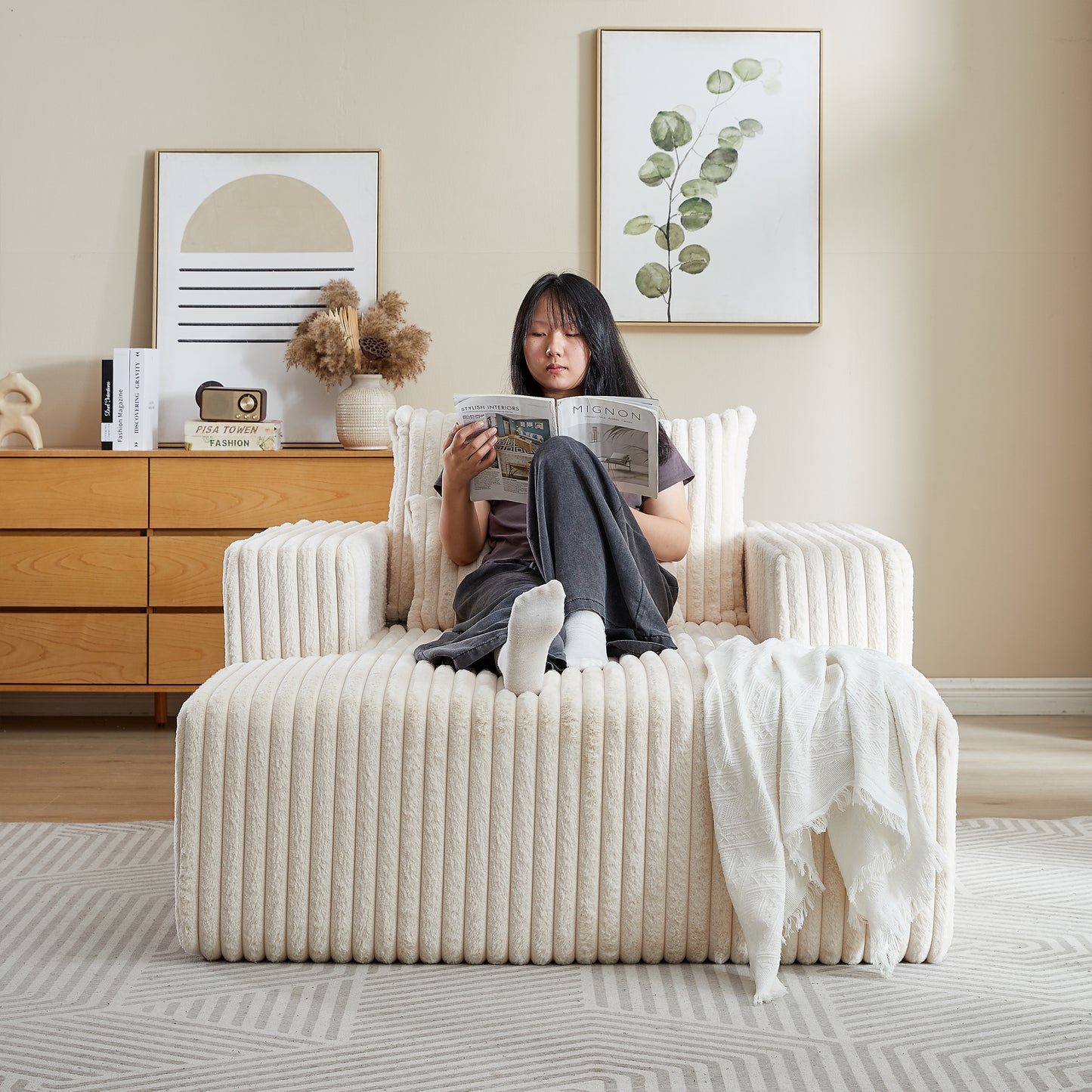 Muumblus Oversized Indoor Chaise Lounge, No Assembly Required, Cozy Corduroy Sleeper Sofa Bed, Beige