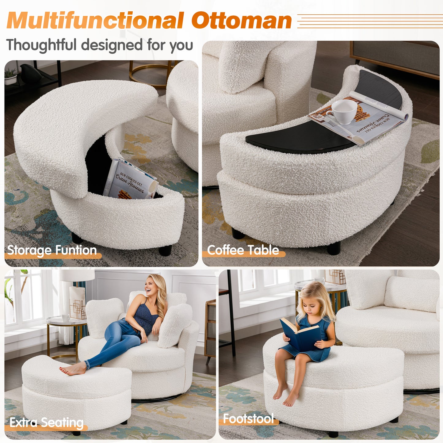 Muumblus Oversized Swivel Accent Barrel Chair with Storage Ottoman, Comfy Round Read Armchair for Living Room, Ivory