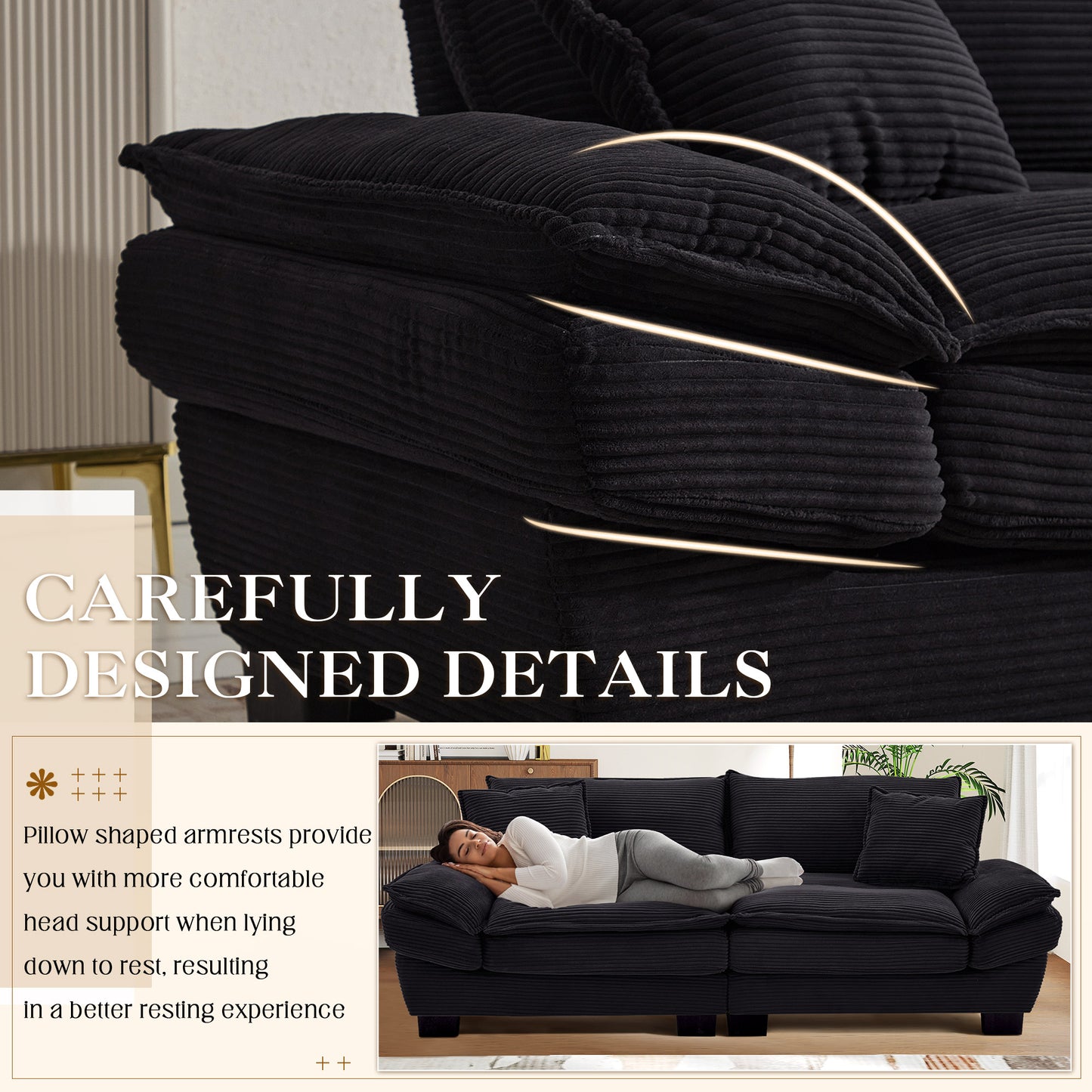 Muumblus 80"L Corduroy Deep Seat Sofa, Upholstered 3-Seater Sleeper Couch for Living Room, Black