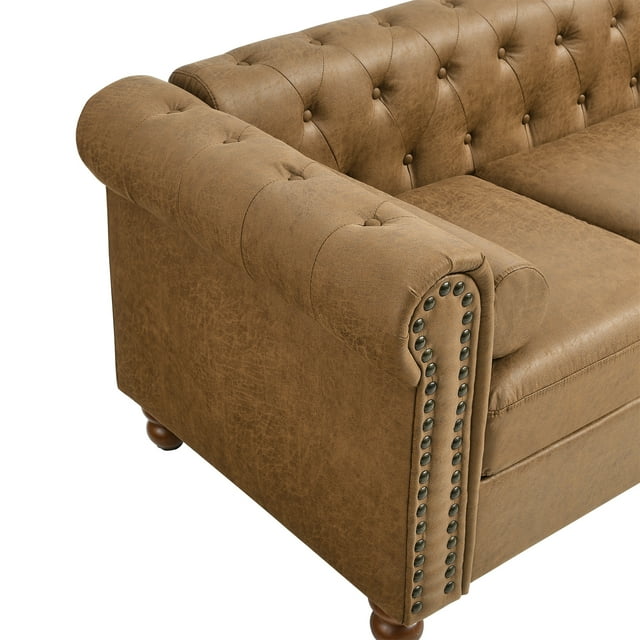 Muumblus 58" Loveseat Sofa for Living Room, Chesterfield Tufted Small Couch in Brown Faux Leather