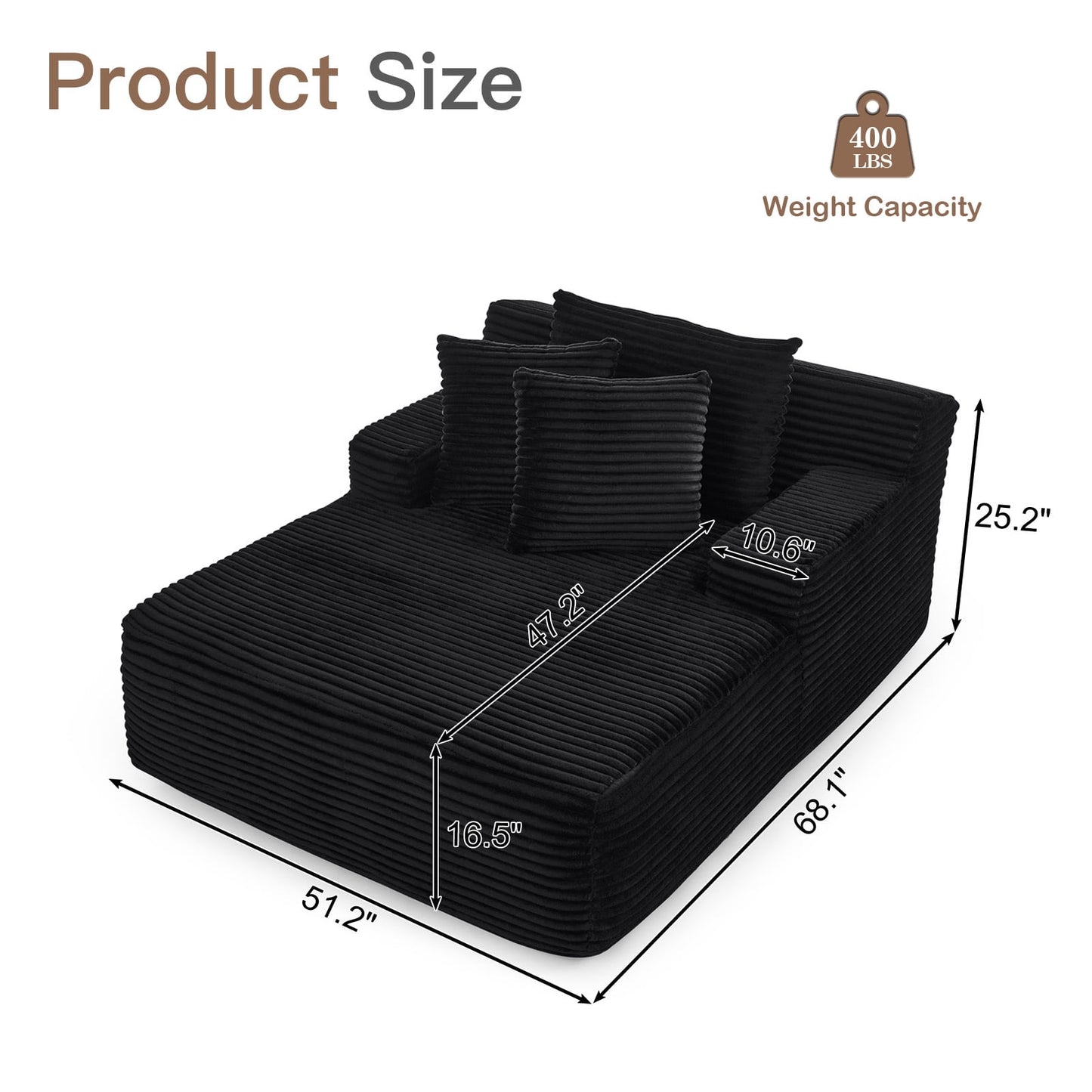 Muumblus Oversized Chaise Lounge Chair Indoor, No Assembly Required, Plush Corduroy Cloud Floor Sofa Bed for Living Room