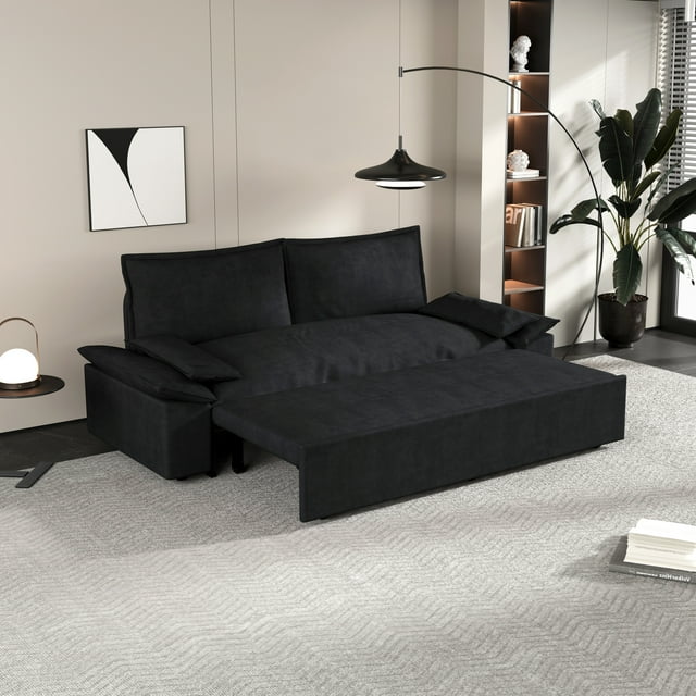 Muumblus 70" Queen Pull Out Sofa Bed, Modern 3-in-1 Convertible Loveseat Sleeper with 2 Pillows, Velvet Sleeper Sofa for Living Room, Bedroom, Small Apartment, Black