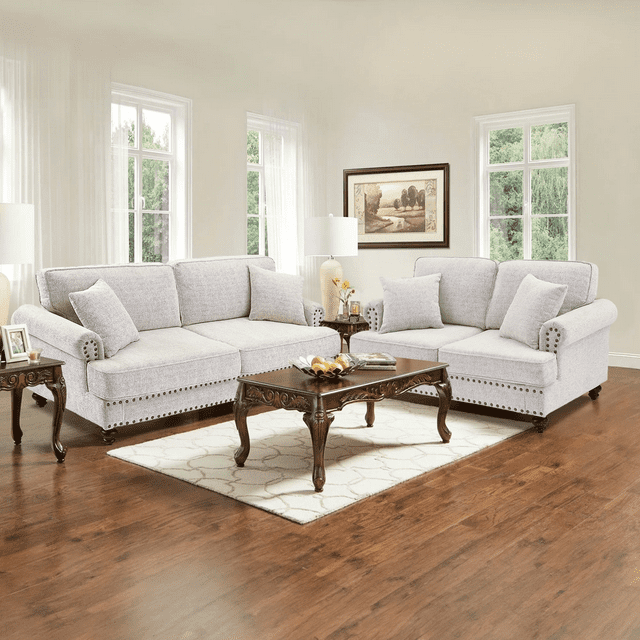 Muumblus 2 Pieces Chenille Living Room Sets, 2 Seater Loveseat Sofa and 3 Seater Sofa Couch, Mid-Century Sofa Sets with Nailhead, White