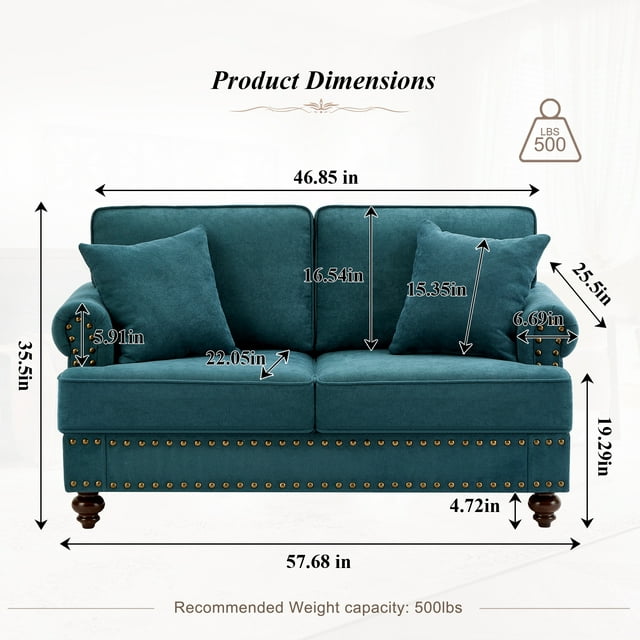 Muumblus 61" W Mid-Century Loveseat Sofa with Nailhead, 2 Seater Sofa for Living Room, Lake Green Chenille Fabric