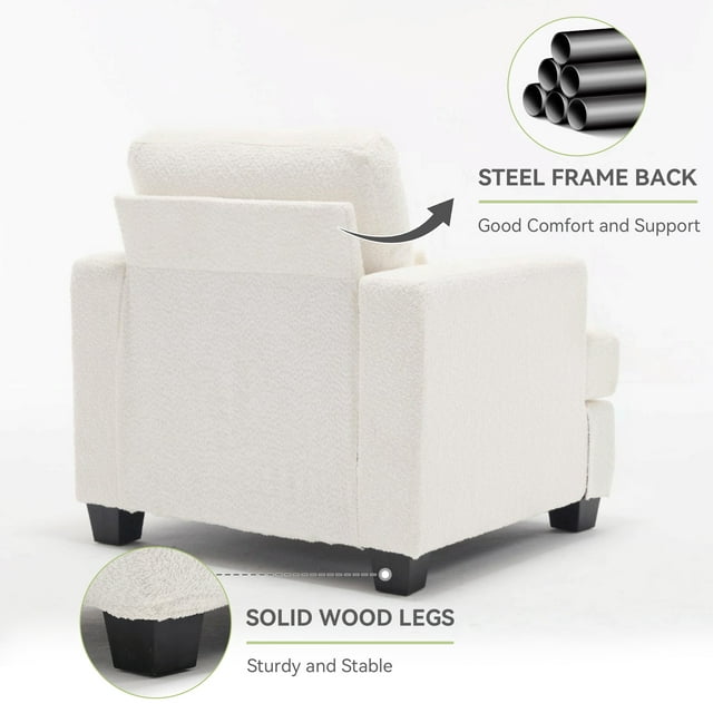 Muumblus Modern Single Sofa Chair, 37" Small Couch with 1 Waist Pillow, Removable Back Cushion, Living Room Set, White Fabric