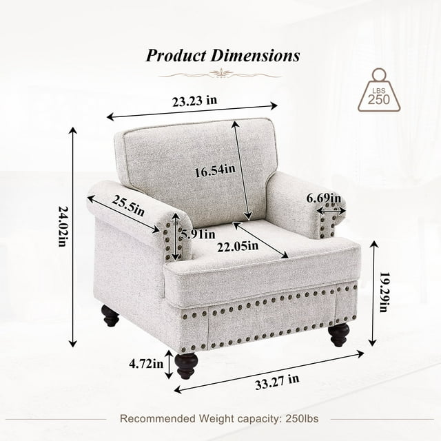 Muumblus 3 Pieces Chenille Living Room Sets, 1 Seater Sofa Chair and 2 Seater Loveseat Sofa and 3 Seater Sofa Couch with Nailhead, White