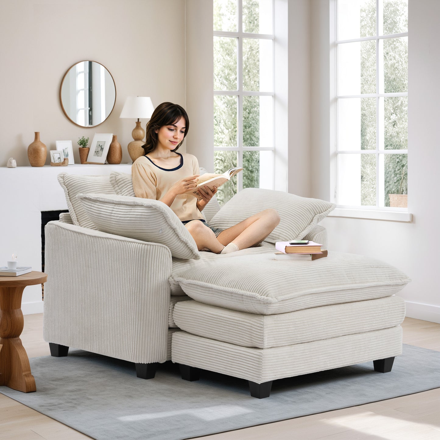 Muumblus 46" Indoor Lounge Chair with Ottoman, Corduroy Cozy Accent Armchair for Living Room, Beige